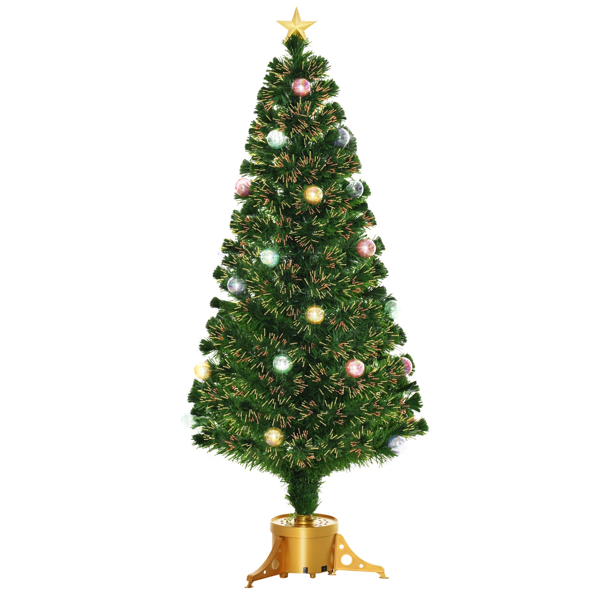 HOMCOM 5FT Prelit Artificial Christmas Tree with Fibre Optics, Baubles Decoration, Golden Pot for Holiday, Home - Green - North Peak Garden Furniture