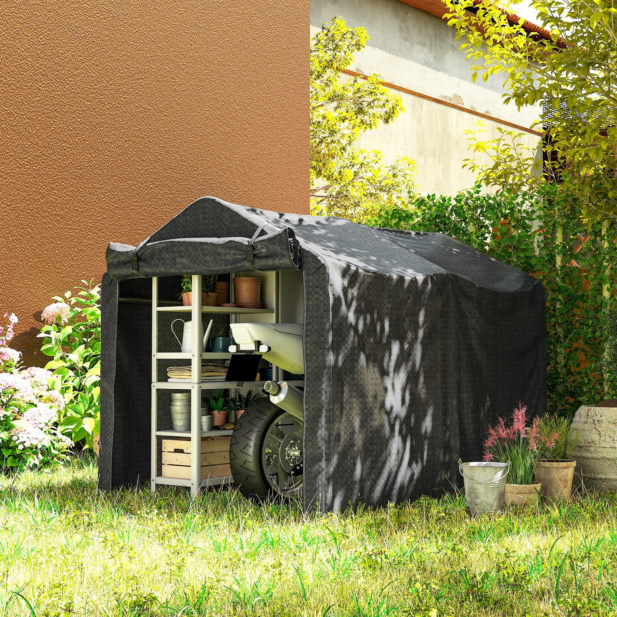 Outsunny 2.2 x 1.6 m Garden Storage Tent, Waterproof Anti-UV Bike Tent with Roll-up Zipper Door, Galvanised Outdoor Storage Shelter Carport for Bike, Motorbike, Garden Tools, Black