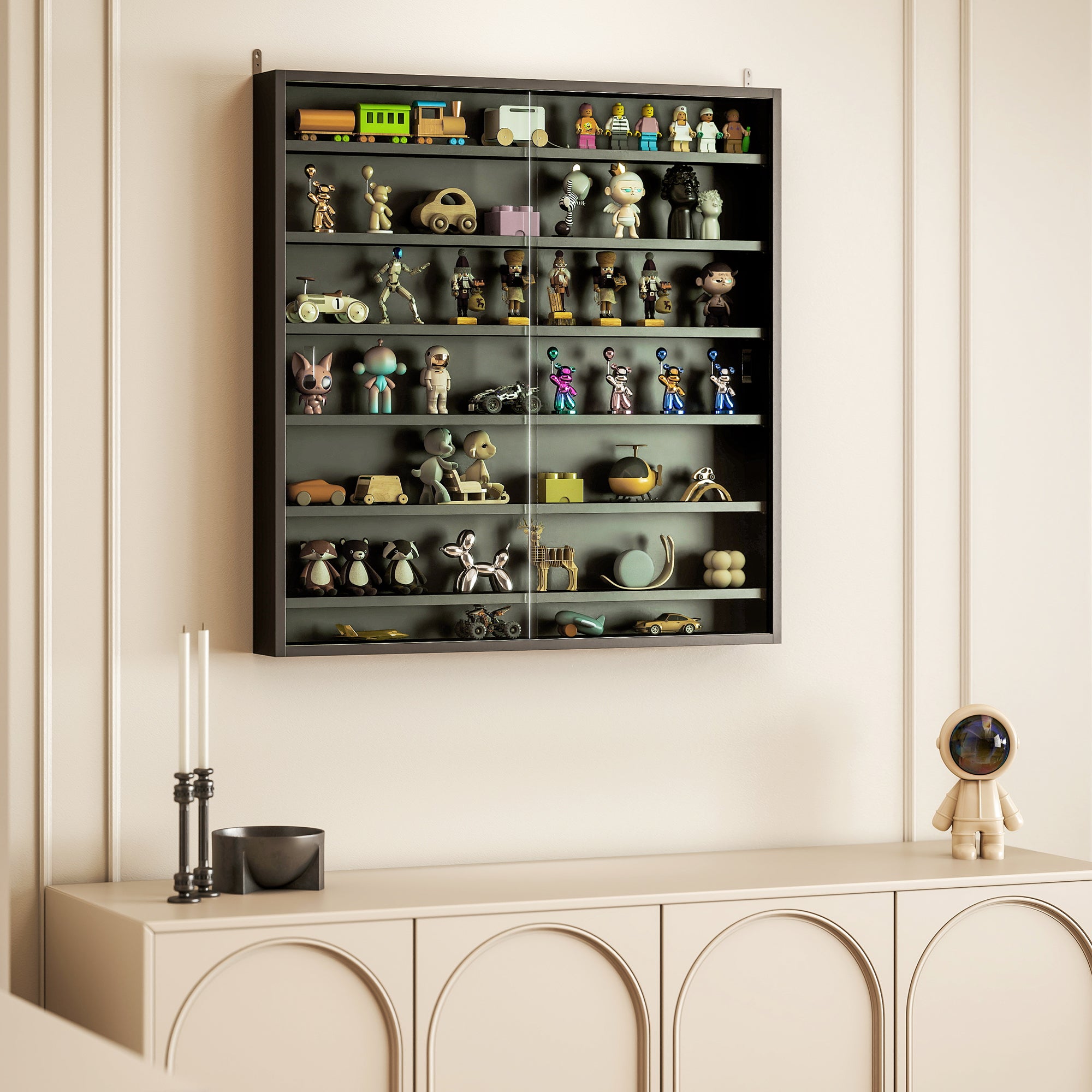 HOMCOM 7-Tier Wall Display Shelf Unit Cabinet w/ 6 Adjustable Shelves Glass Doors Home Office Ornaments 83x80cm, Black