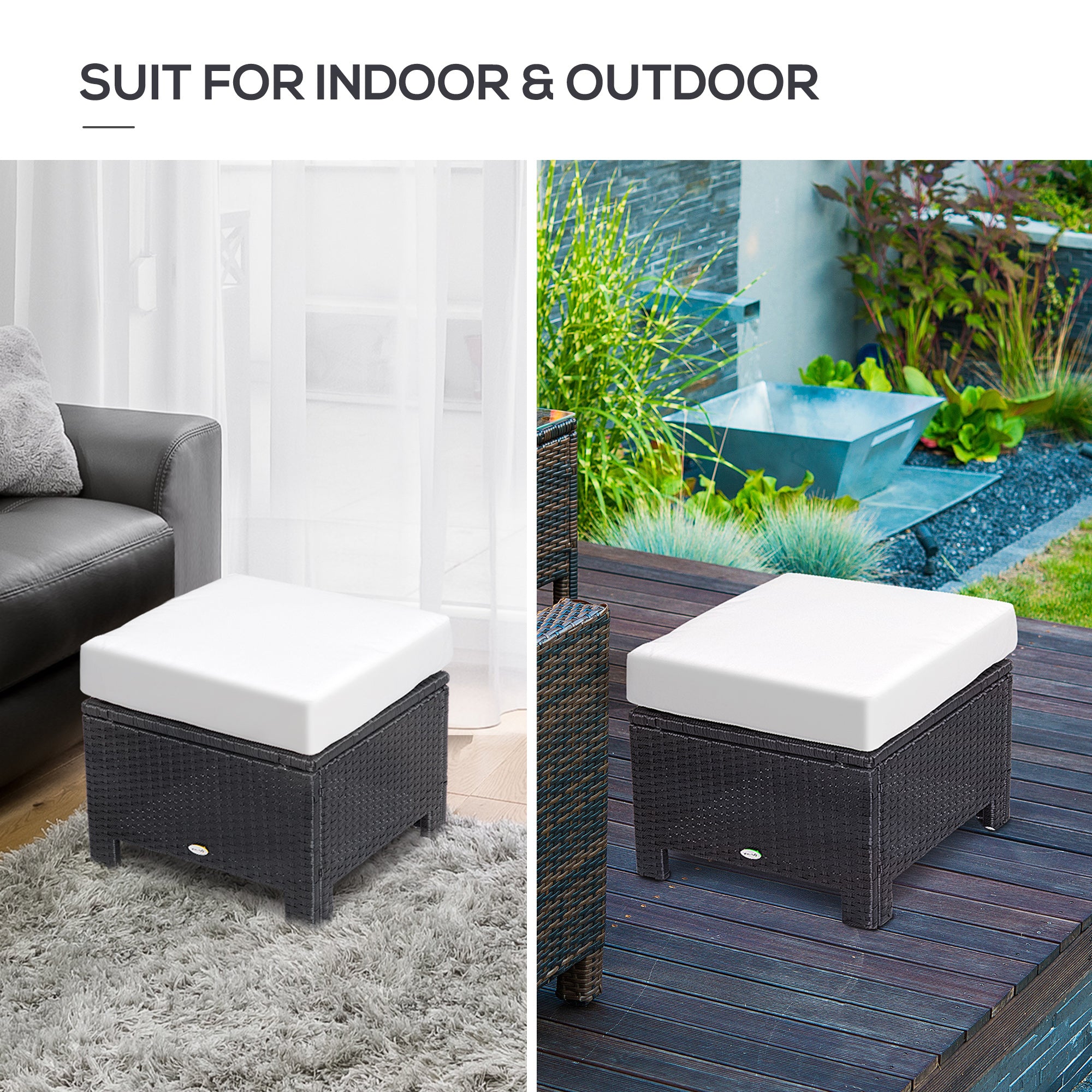 Outsunny Rattan Footstool Wicker Ottoman with Padded Seat Cushion Outdoor Patio Furniture for Garden Poolside Living Room, 50 x 50 x 35 cm, Black - North Peak Garden Furniture