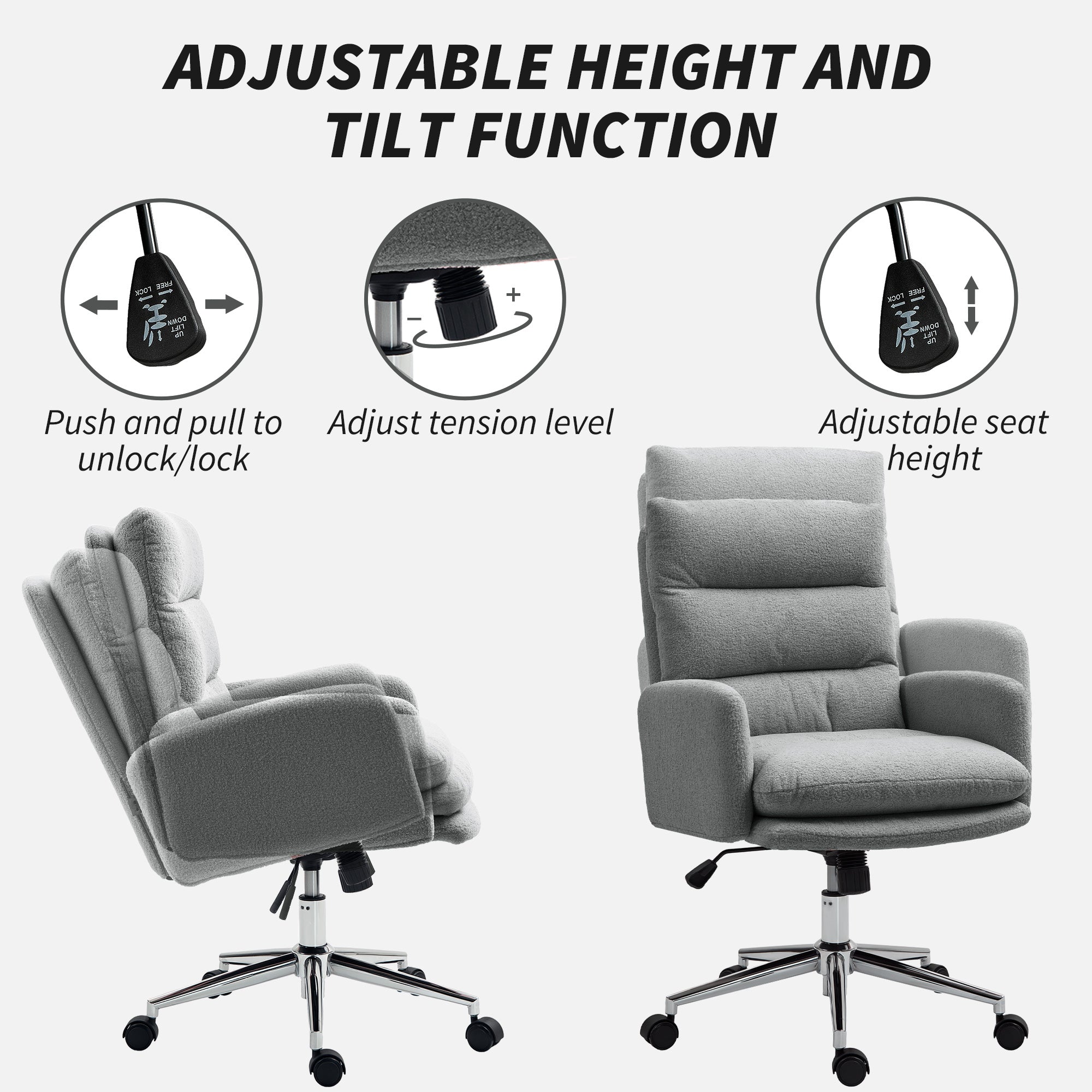 HOMCOM 91-99cm Sherpa Fleece Office Chair - Grey - North Peak Garden Furniture