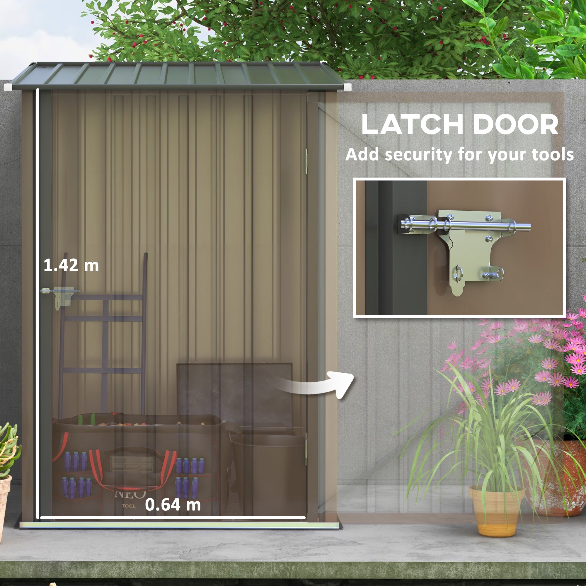 Outsunny 3.3 x 3.4ft Lean To Steel Garden Shed, with Locking Door - Brown/Grey - North Peak Garden Furniture