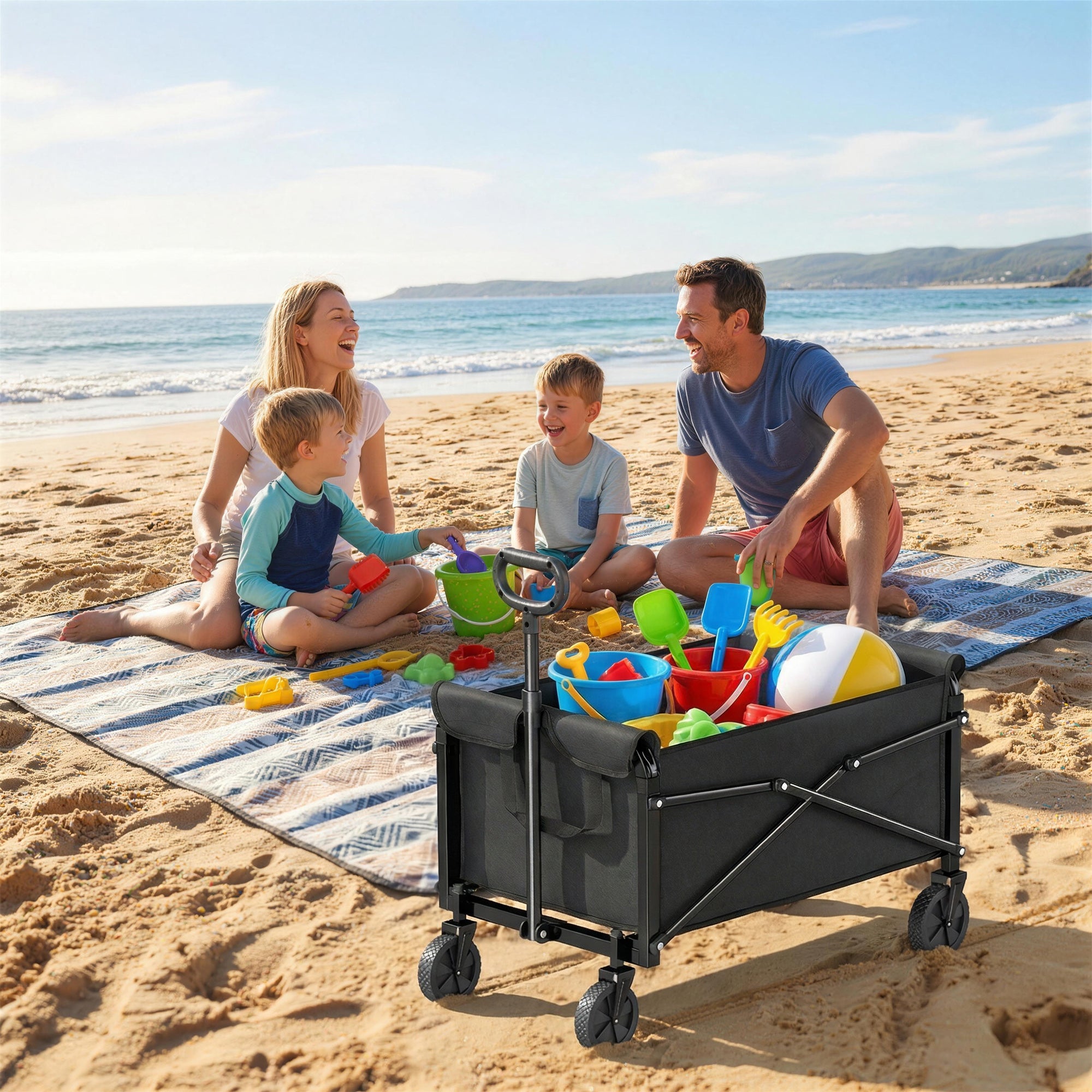 Outsunny 81L Festival Trolley on Wheels, Compact Garden Folding Trolley Cart with Adjustable Handle 80L Black