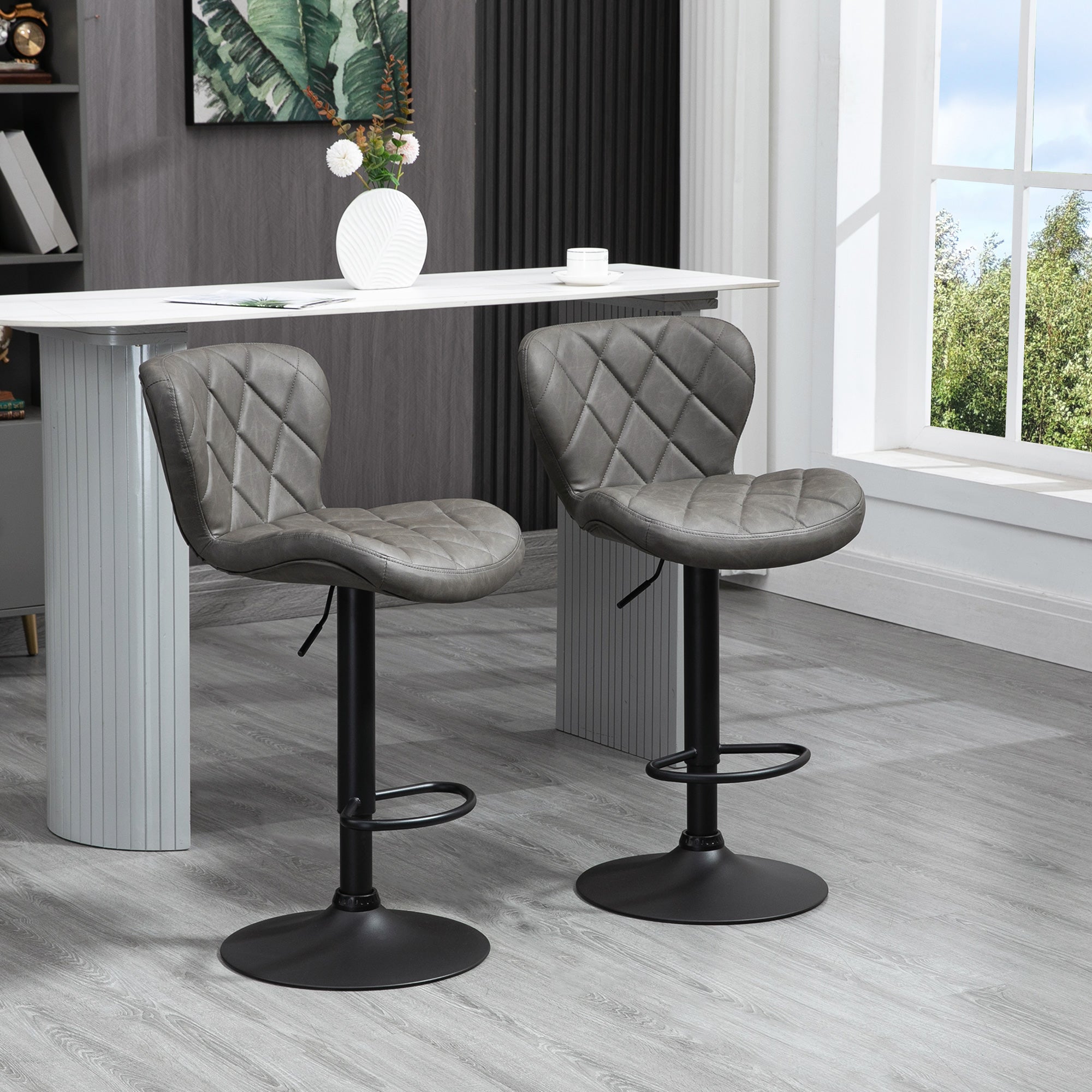 HOMCOM Bar Stools, Set of 2 Breakfast Bar Chairs, Swivel Barstools with Backrest and Footrest, Steel Frame Diamond Pattern PU, for Kitchen Counter, Dining Room, Dark Grey - North Peak Garden Furniture
