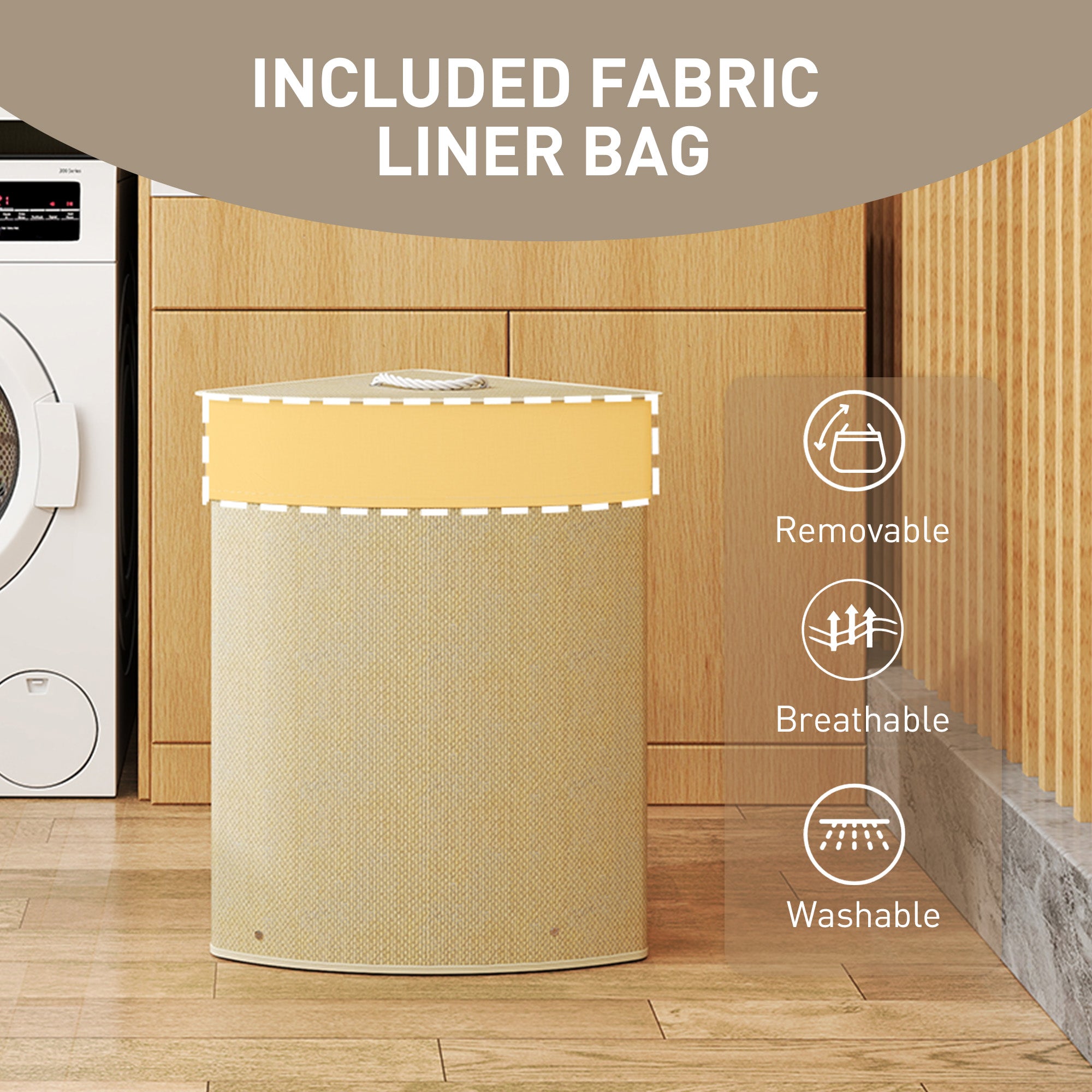 HOMCOM Bamboo Laundry Basket with Lid, 55L Corner Laundry Hamper with Removable Washable Liner Bag, Bathroom Triangle Washing Basket, 35 x 35 x 60 cm, Nature Wood Finish - North Peak Garden Furniture
