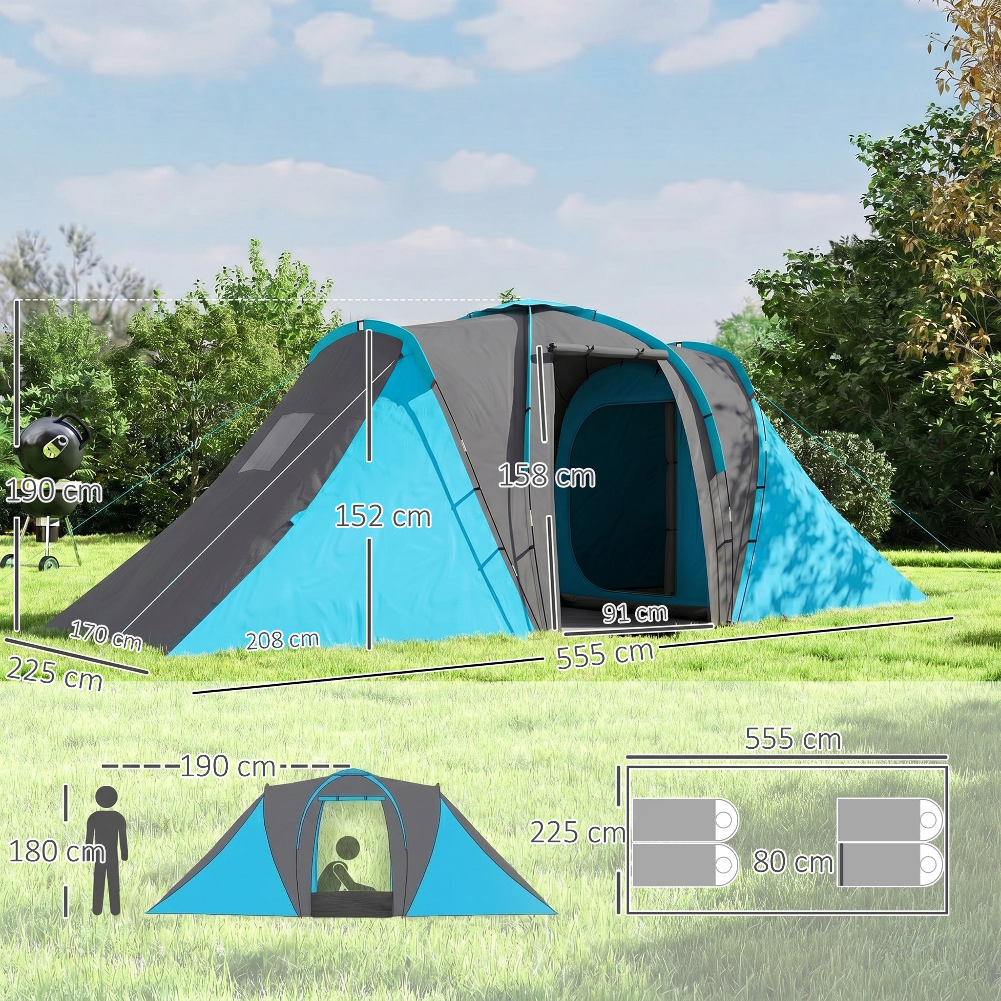 Outsunny Large Camping Tent Tunnel Tent with 2 Bedroom and Living Area, 2000mm Waterproof, Portable with Bag for 4-6 Man, Blue