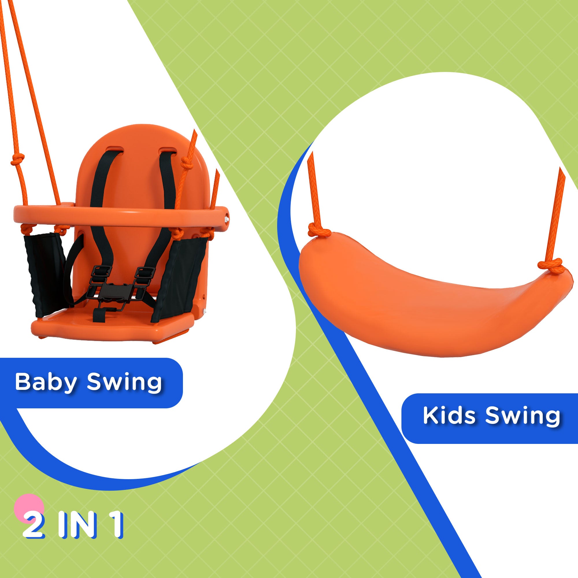 Outsunny Two-In-One Toddler Garden Swing, with Comfortable Seat, Safety Belt - Orange and Blue - North Peak Garden Furniture