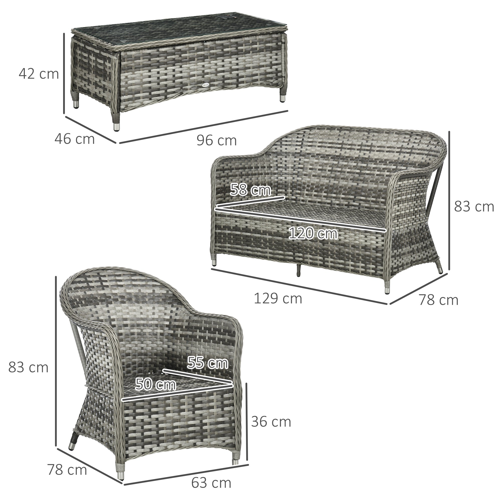 Outsunny Four-Piece Rattan Sofa Set, with Glass-Top Table - Orange