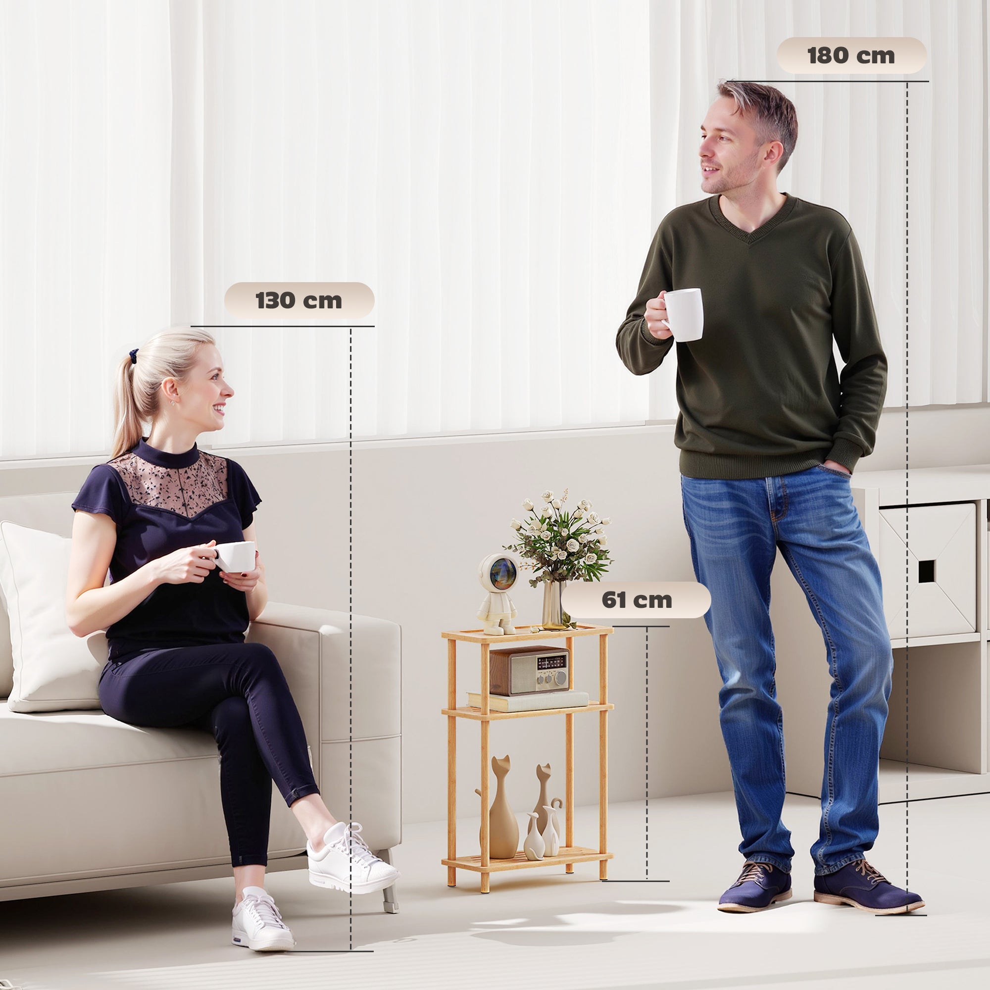 HOMCOM Bamboo Side Table, 3-Tier Slim End Table, Nordic Style, for Living Room, Bedroom, Office, Tool-Free Assembly, Natural Wood Finish