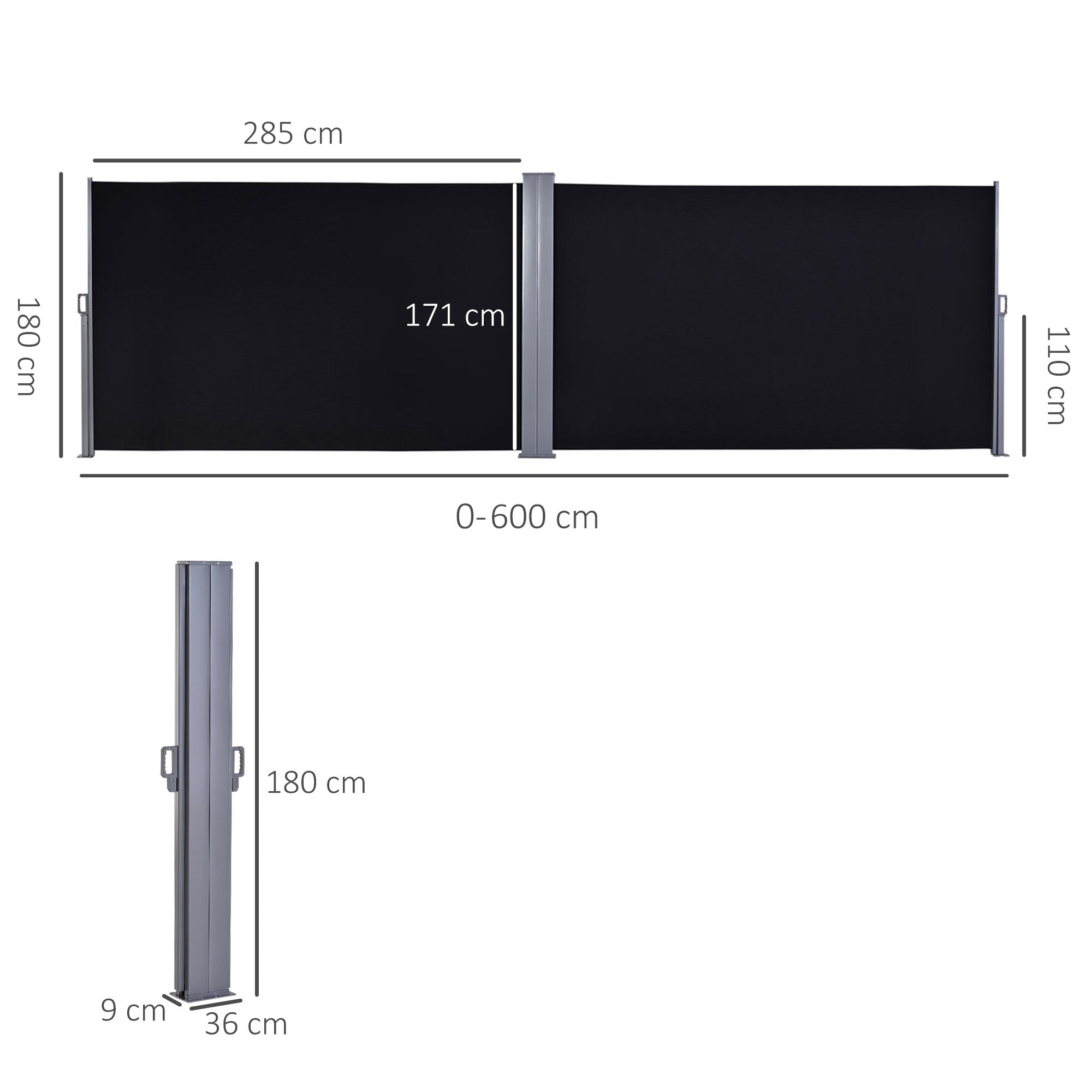 Outsunny 600 x 180 cm (HxL) Retractable Awning Double Canopy Side Privacy Protection Sun Shade Side Blind w/ Steel Frame Versatile Use In Garden Patio - Black - North Peak Garden Furniture