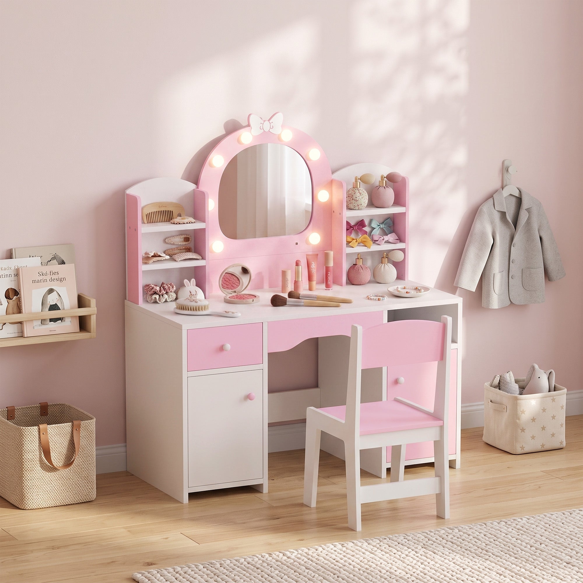 AIYAPLAY Kids Vanity Set, Girls Dressing Table with Stool, 2-Colour Lights Mirror, Cabinet, Drawer and Shelves, Pink