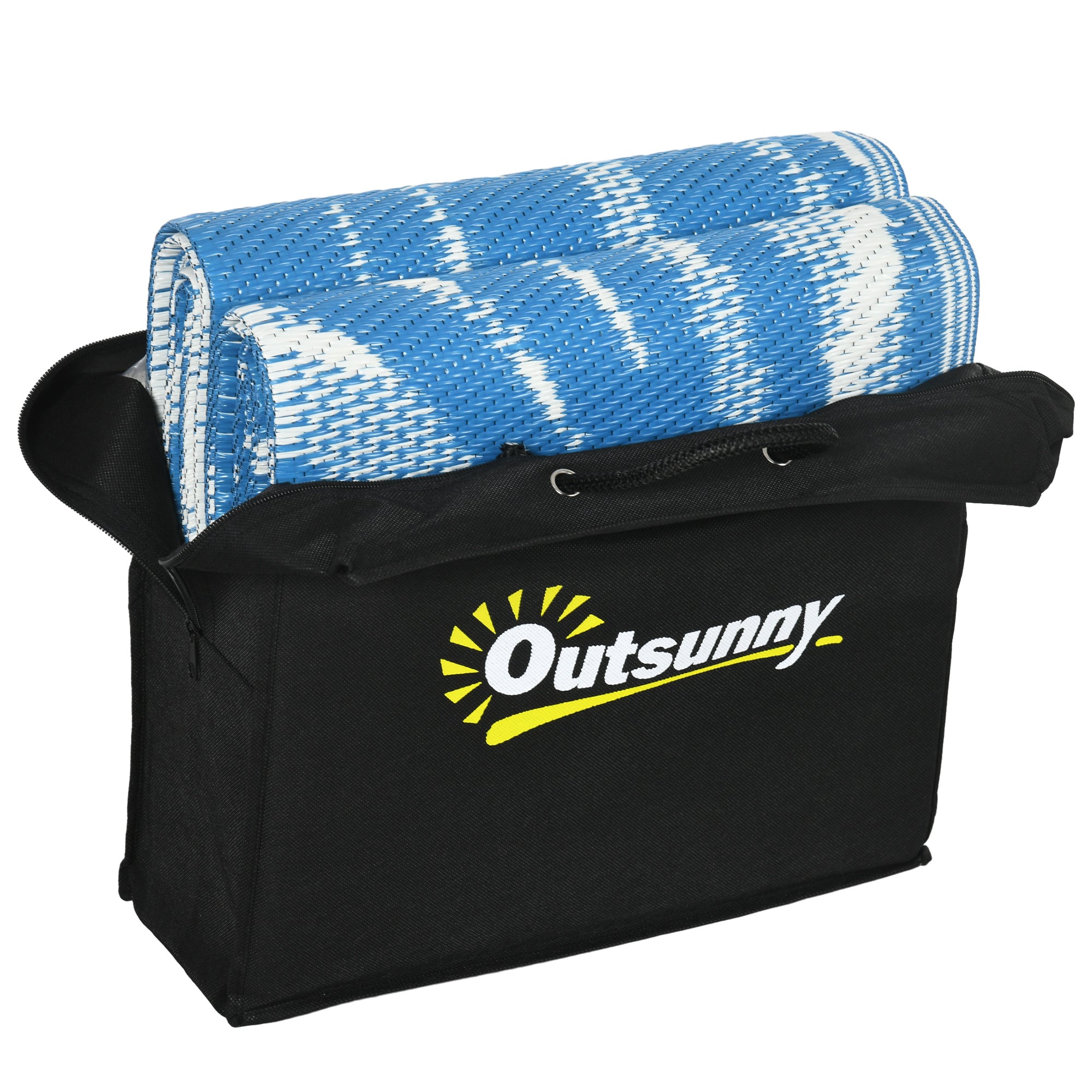Outsunny Plastic Straw Reversible RV Outdoor Rug with Carry Bag, 182 x 274cm, Blue and Cream - North Peak Garden Furniture