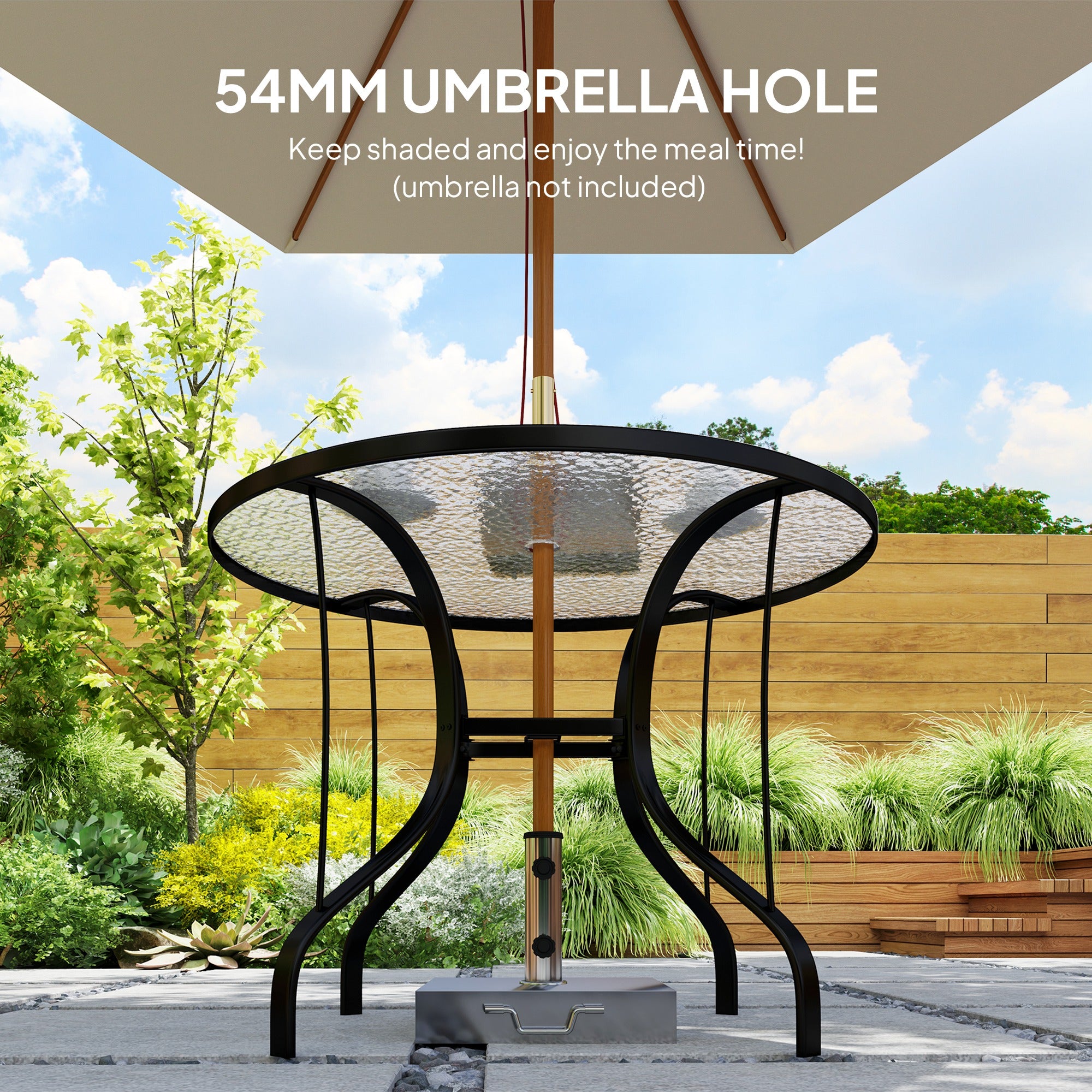 Outsunny Tempered Glass Top Round Outdoor Dining Table with Parasol Hole, 96.5 x 96.5 x 71 cm - North Peak Garden Furniture