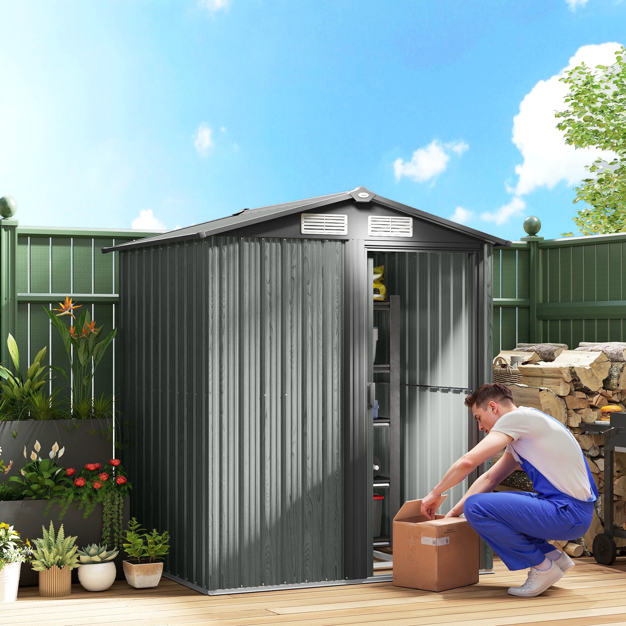 Outsunny 4.3 x 5ft Outdoor Garden Storage Shed - Grey Wood Effect