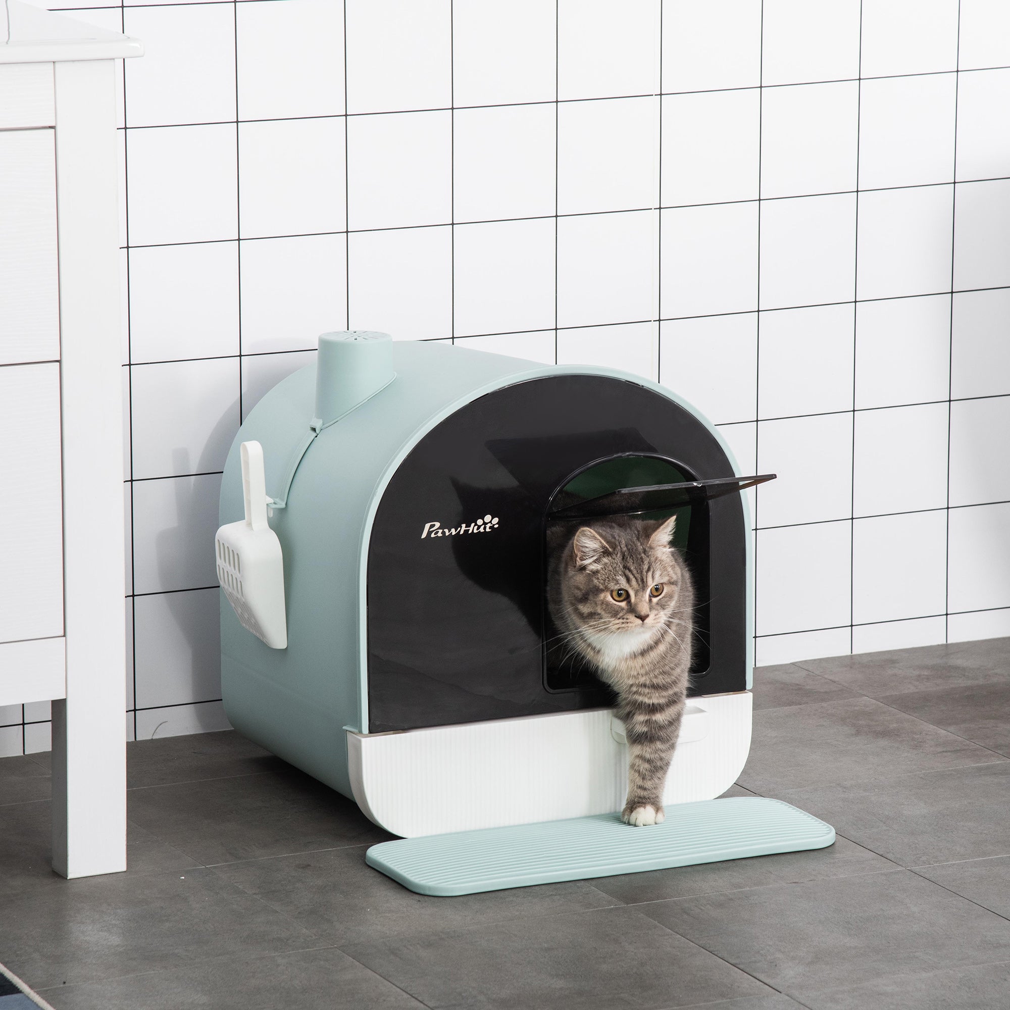 PawHut Hooded Cat Litter Box, Kitten Litter Tray, with Lid, Scoop, Filter, Flap Door - North Peak Garden Furniture