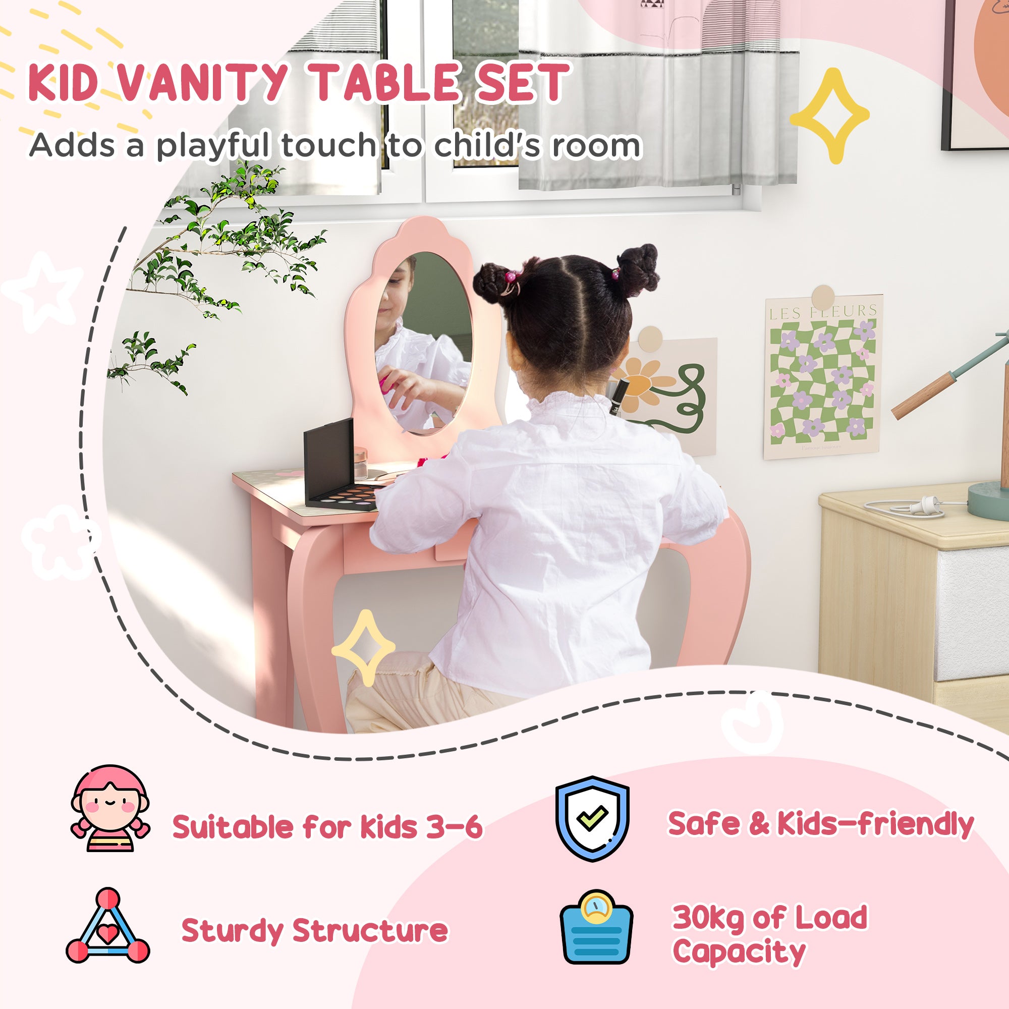 ZONEKIZ Toddler Bed Frame, Kids Dressing Table with Mirror and Stool, Cute Animal Design Kids Bedroom Furniture Set for Ages 3-6 Years, Pink - North Peak Garden Furniture