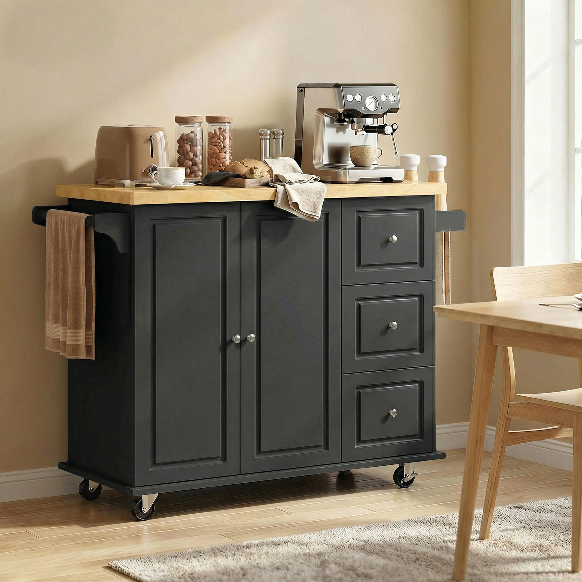 HOMCOM Kitchen Island on Wheels, Rolling Kitchen Storage Trolley with Drop Leaf, Drawers, Towel and Spice Rack, Black