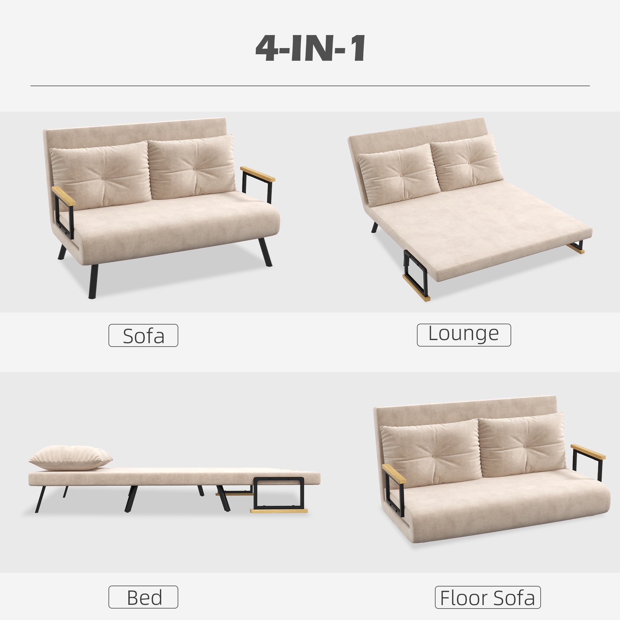 HOMCOM 4-in-1 Velvet-Feel Double Sofa Bed, with Pillows - Beige - North Peak Garden Furniture