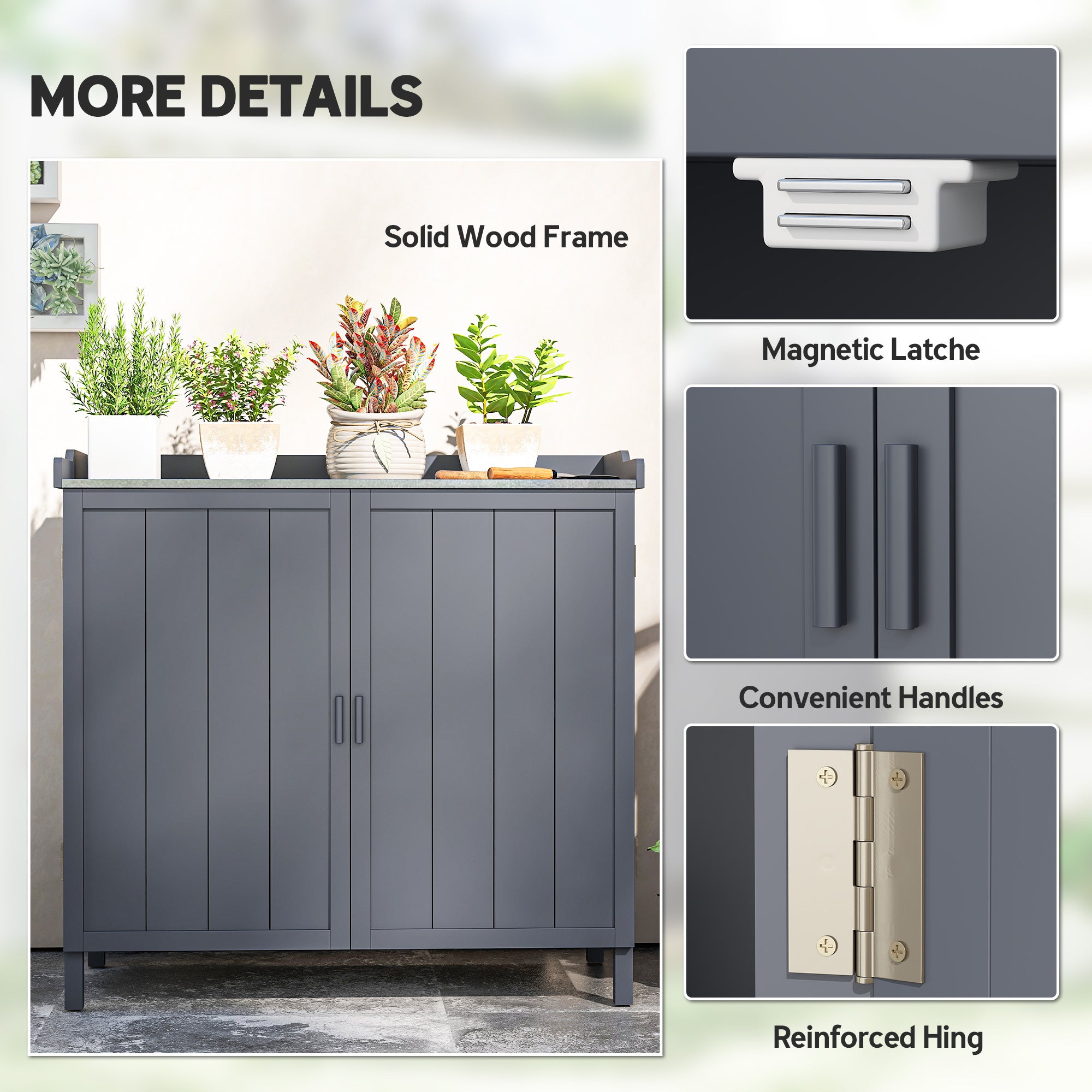 Outsunny Garden Storage Cabinet, Outdoor Tool Shed, Potting Bench Table with Galvanized Top and Two Shelves for Yard Tools or Pool Accessories, Grey
