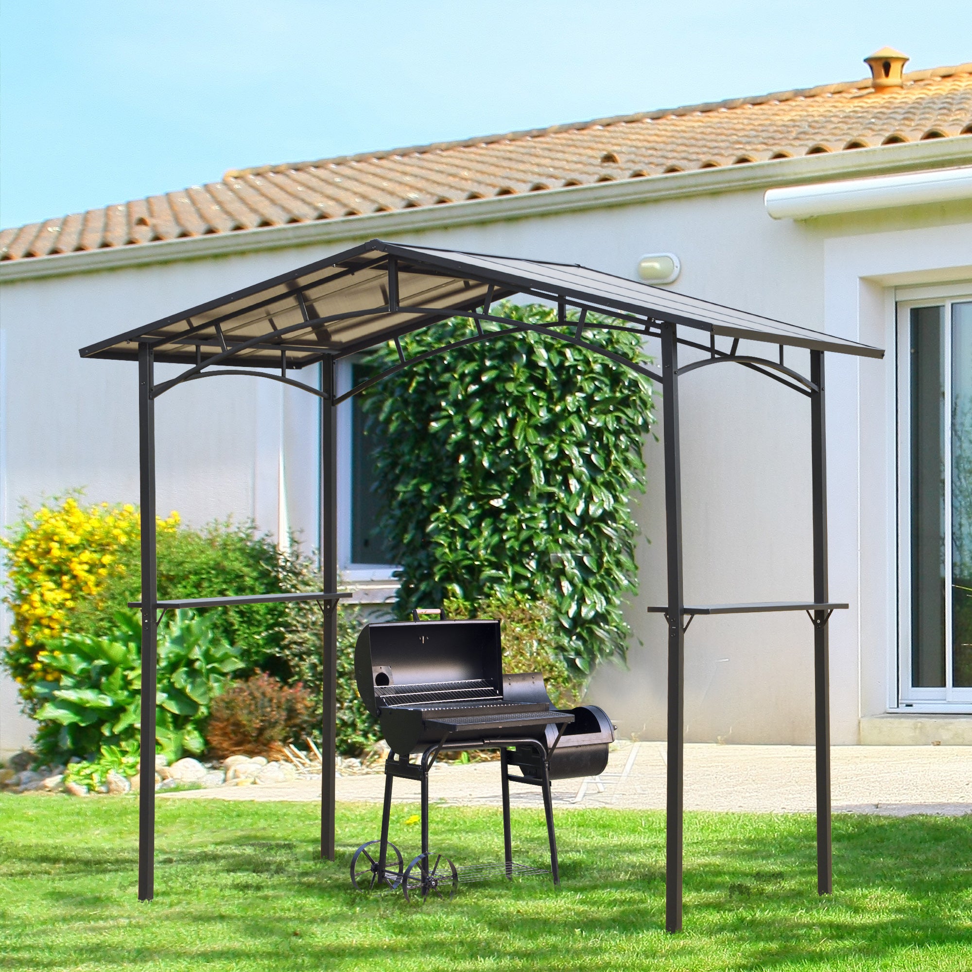 Outsunny 8ft x 5ft Outdoor BBQ Protective Gazebo Tent Aluminium Steel Frame w/ 2 Shelves Hardtop Roof Canopy Ground Stakes Safe Cooking - North Peak Garden Furniture