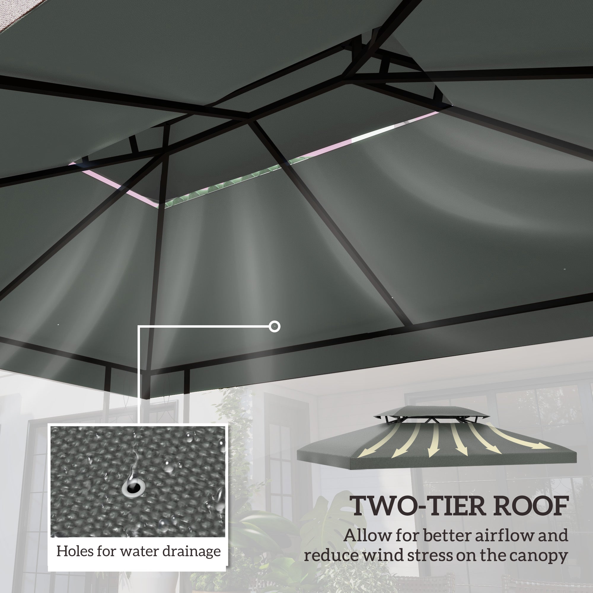 Outsunny 3x4m Gazebo Canopy Replacement Cover, 2 Tier Top Roof UV Cover Garden Patio Outdoor Sun Awning Shelters, Deep Grey (TOP COVER ONLY) - North Peak Garden Furniture
