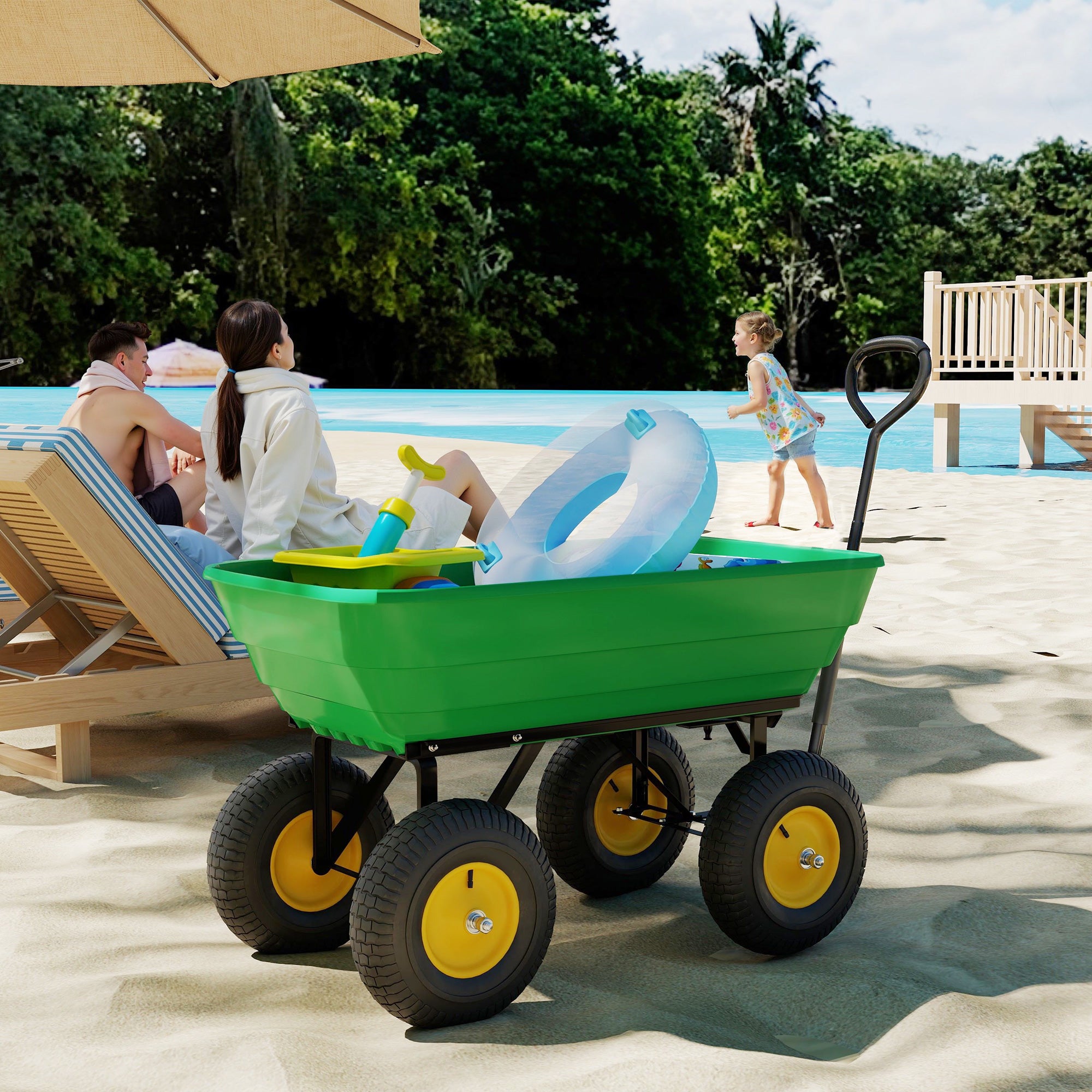 Outsunny 75 Litre Large Garden Cart Heavy Duty 4 Wheel Trolley Dump Wheelbarrow Tipping Truck Trailer - Green