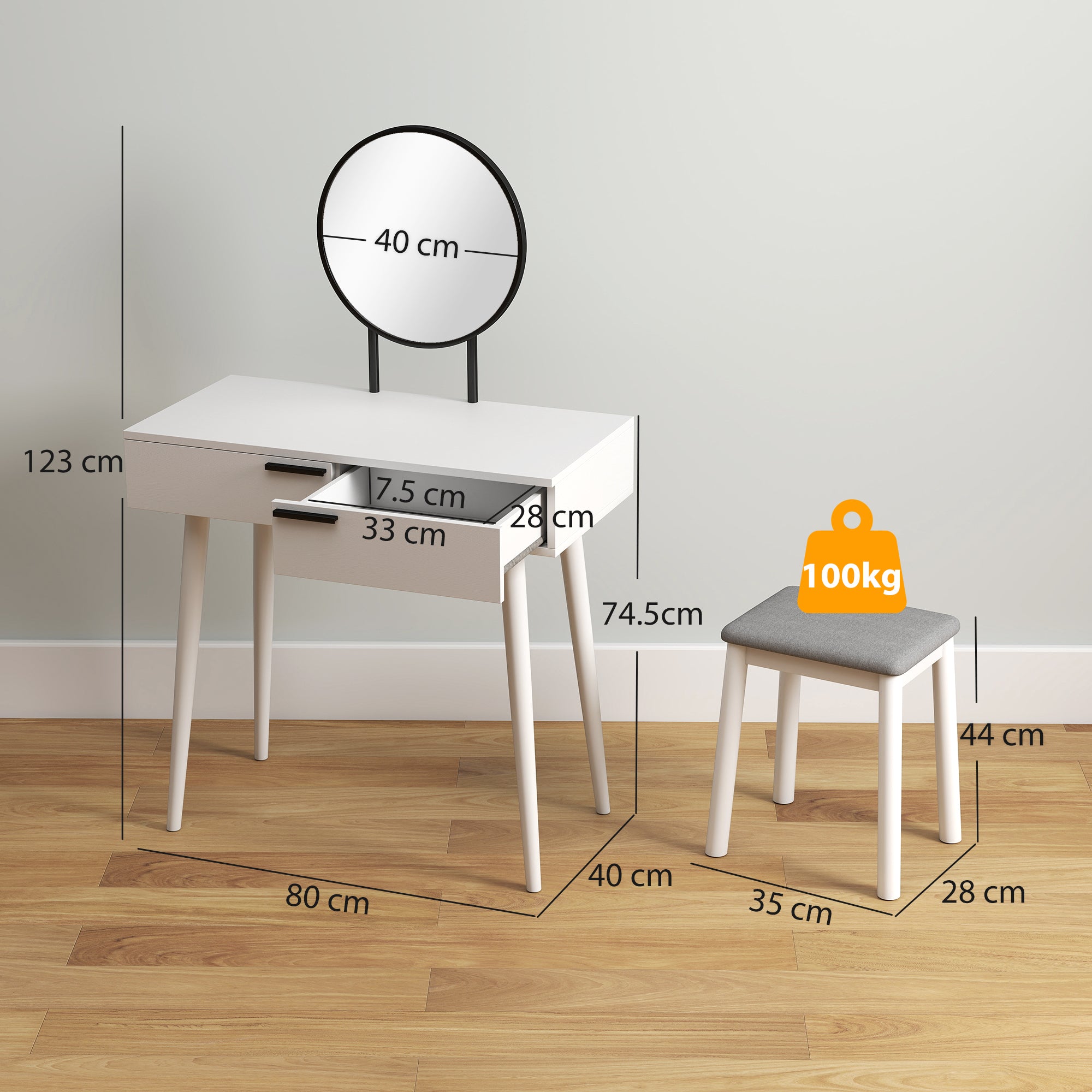 HOMCOM Dressing Table with Mirror and Stool, Vanity Makeup Desk Set with 2 Drawers, Cushioned Stool and Make-up Organizer for Bedroom and Dressing Room, White
