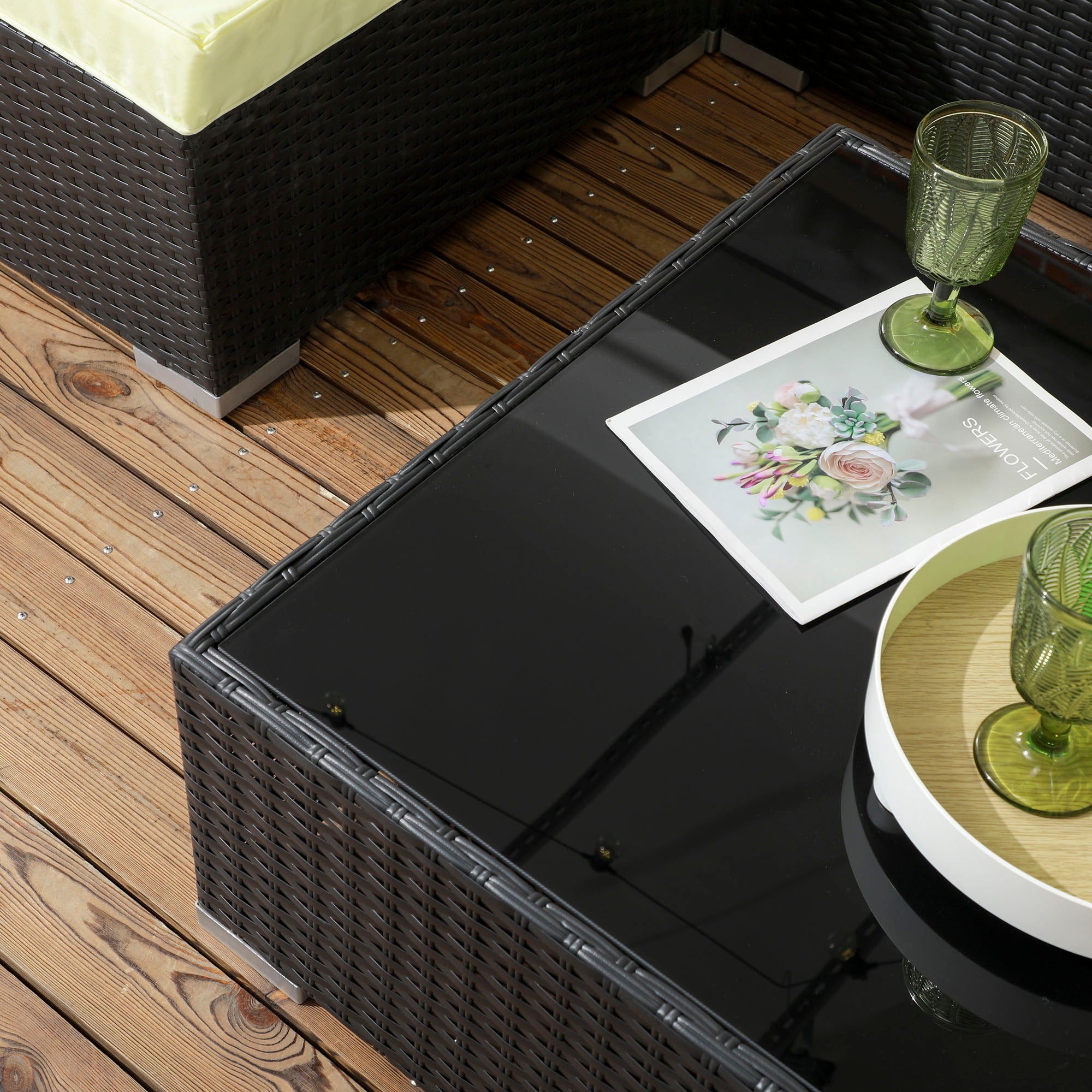 Outsunny Seven-Piece Rattan Garden Set, with Glass-Top Table - Black/Beige - North Peak Garden Furniture