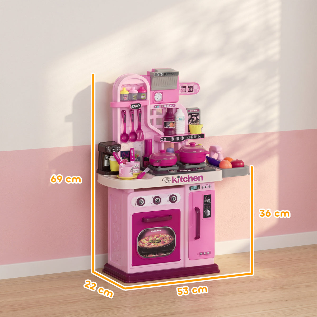 AIYAPLAY Kids Kitchen with 33 Pieces, Lights, Sounds, Storage, for Ages 3-6 Years, Pink