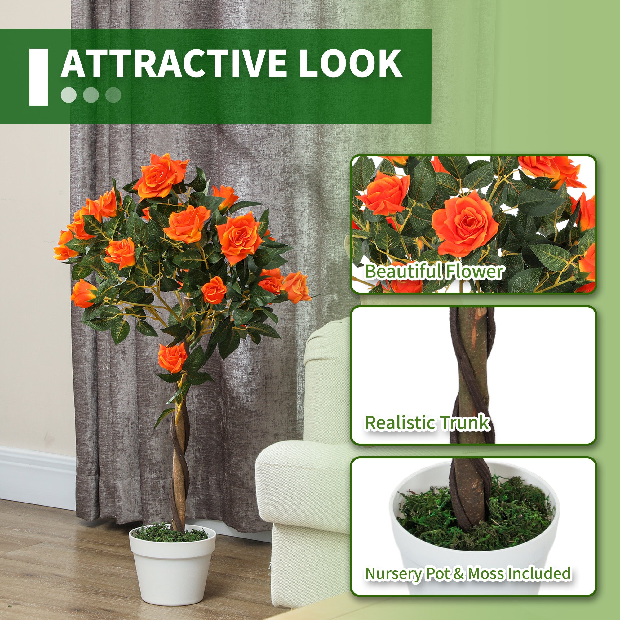 Outsunny Set of 2 Artificial Plants White Rose Floral in Pot, Fake Plants for Home Indoor Outdoor Decor, 90cm, Orange - North Peak Garden Furniture