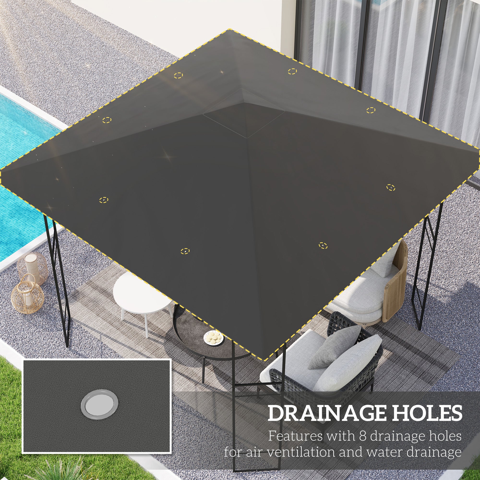 Outsunny 3 x 3(m) Gazebo Canopy Replacement Cover, Garden Gazebo Roof Replacement with Drain Holes, Water Resistant PVC Coating, 370g/㎡, UPF30+, TOP COVER ONLY, Grey - North Peak Garden Furniture