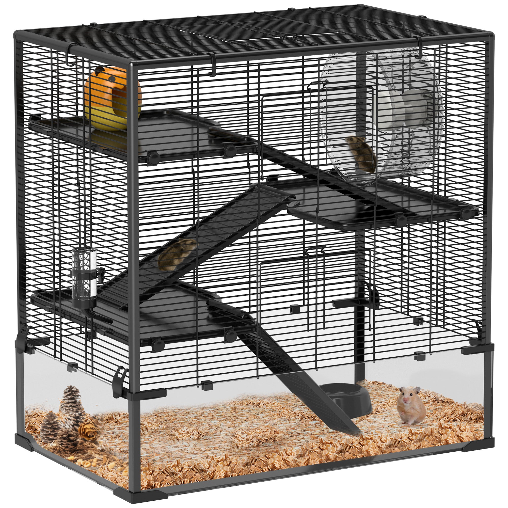 PawHut 4 Tiers Hamster Cage with Deep Tempered Glass Bottom, Hut, Running Wheel, Food Dish, Water Bottle, 78.5 x 48.5 x 80cm - North Peak Garden Furniture