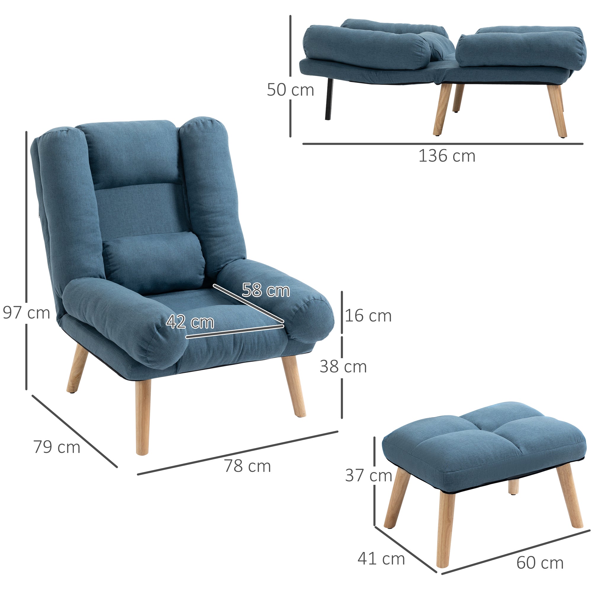 HOMCOM Armchair with Footstool, 180° Recliner with Ottoman, Accent Chair and Footstool with 3-Position Adjustable Backrest and Wooden Legs for Living Room, Blue - North Peak Garden Furniture