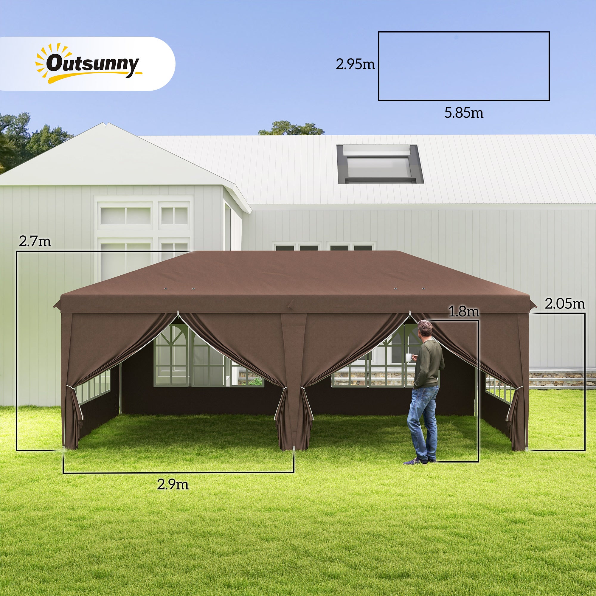 Outsunny 3 x 6 m Pop Up Gazebo with Sides and Windows, Height Adjustable Party Tent with Storage Bag for Garden, Camping, Event, Brown - North Peak Garden Furniture