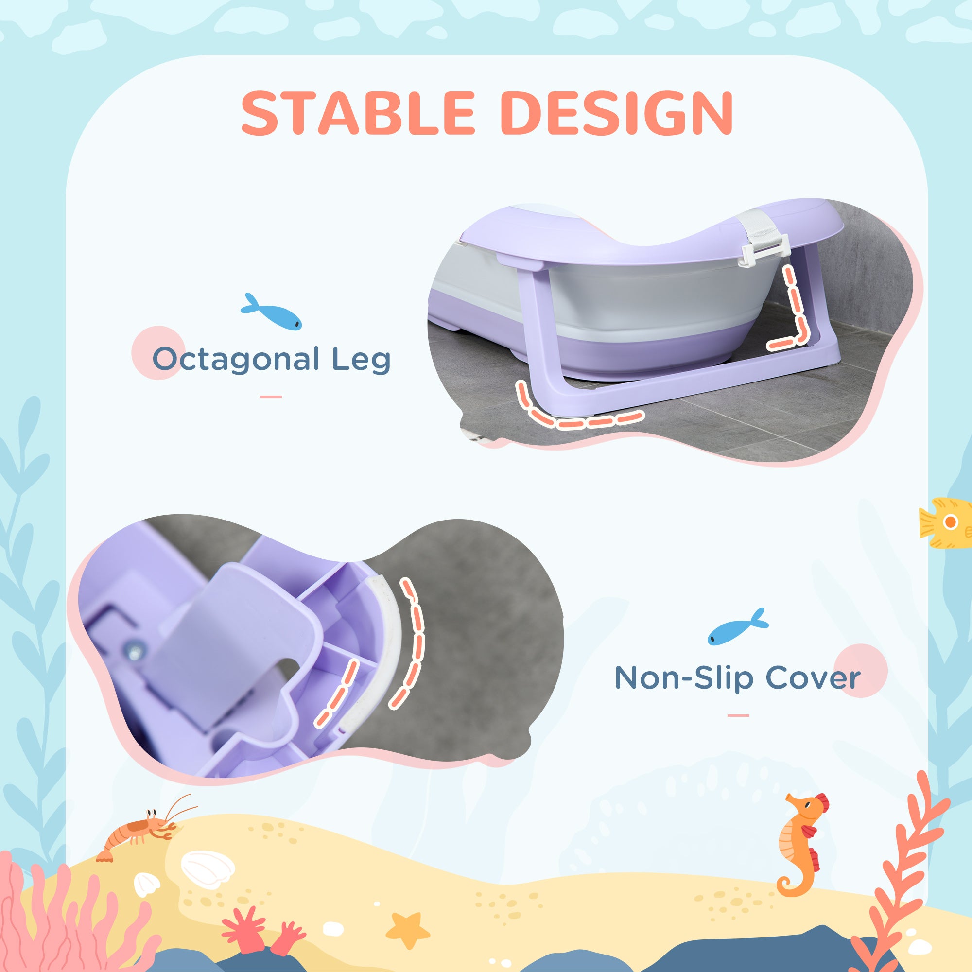 ZONEKIZ Foldable Baby Bathtub, with Non-Slip Support Legs, Cushion Pad, Shower Holder - Purple - North Peak Garden Furniture