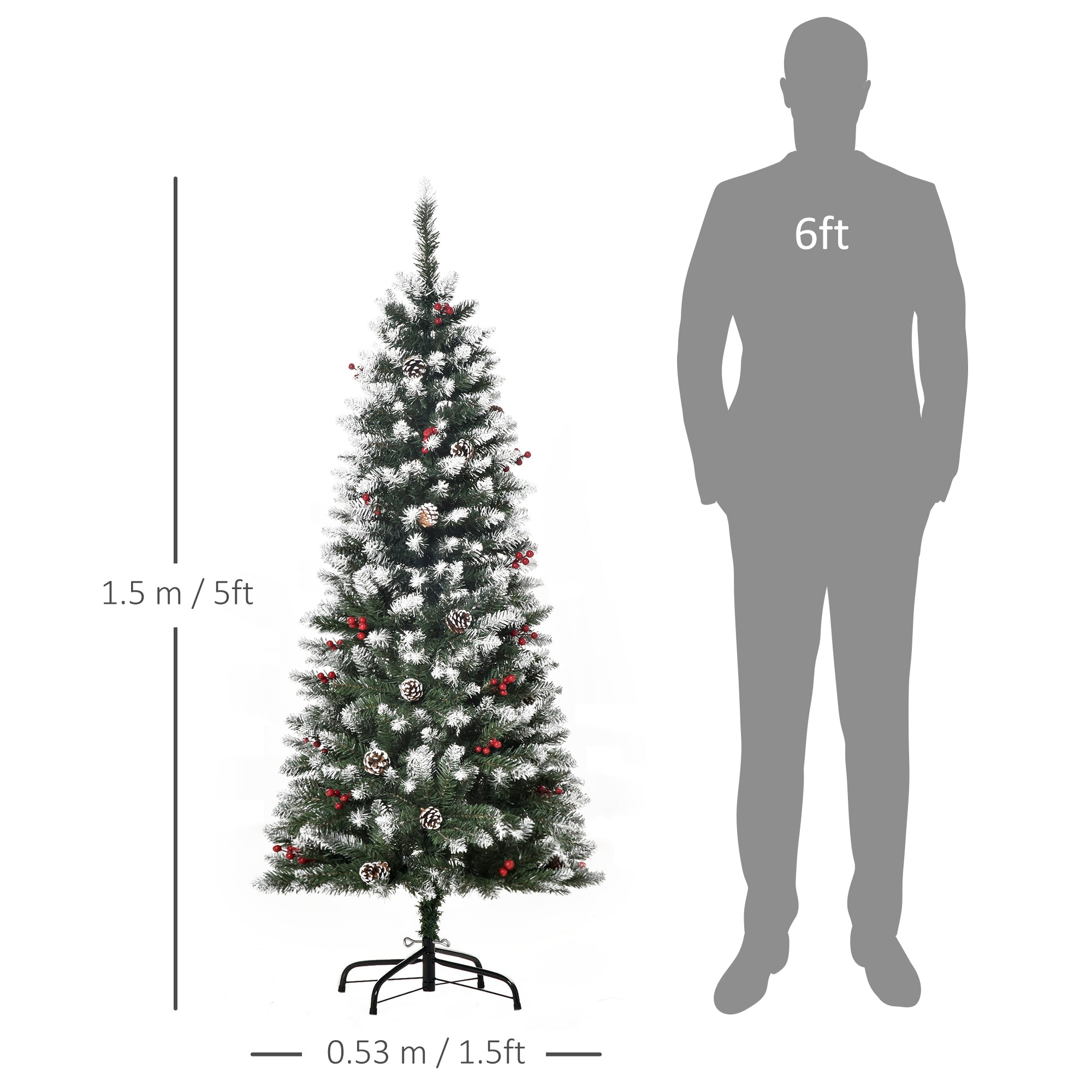 HOMCOM 5FT Artificial Christmas Tree Xmas Pencil Tree with Red Berries and Pinecones Holiday Home Indoor Decoration with Foldable Feet, Green - North Peak Garden Furniture
