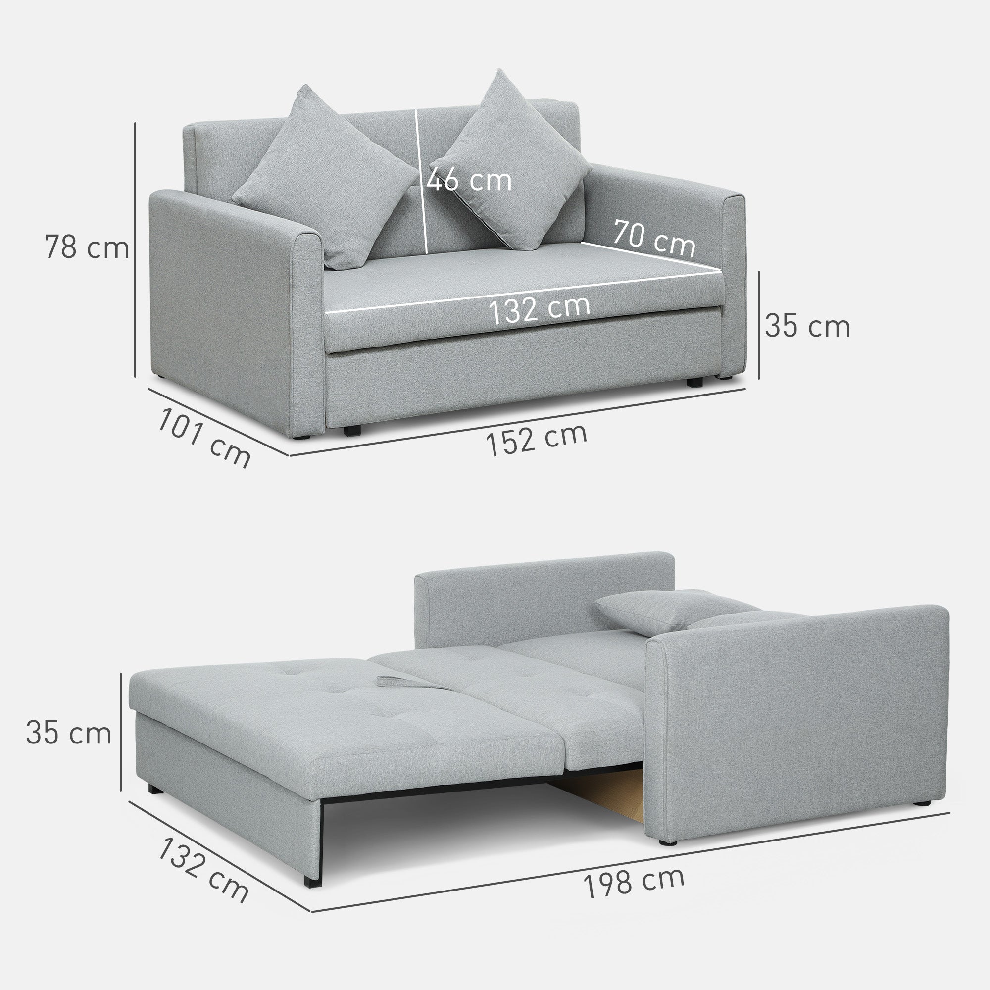 HOMCOM 2 Seater Sofa Bed, Convertible Bed Settee, Modern Fabric Loveseat Sofa Couch with 2 Cushions, Hidden Storage for Living Room, Guest Room, Light Grey - North Peak Garden Furniture