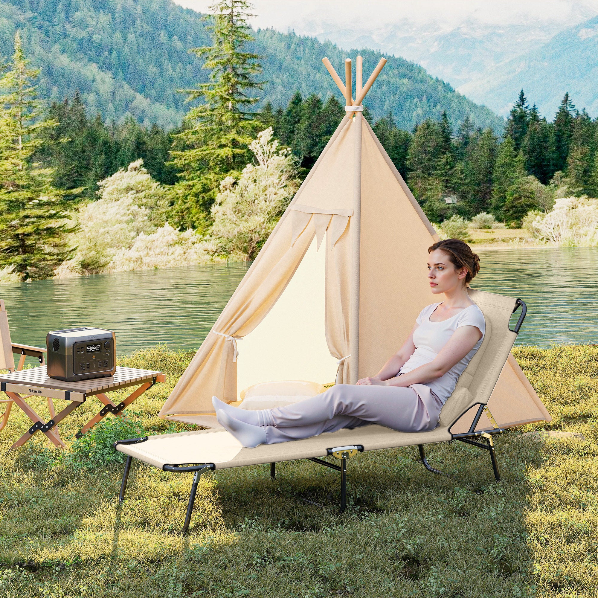 Outsunny Folding Sun Lounger with Face Hole, 4-Position Adjustable Backrest Garden Recliner Chair Sunbed, Outdoor Lounge Chair with 600 D Oxford Cloth Seat, Pillow for Beach, Beige