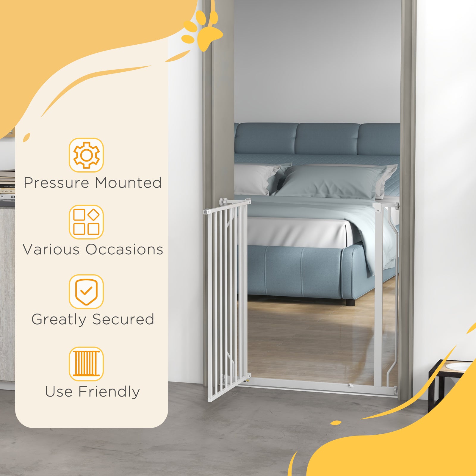 PawHut Extra Wide Dog Safety Gate, with Door Pressure, for Doorways, Hallways, Staircases - White - North Peak Garden Furniture