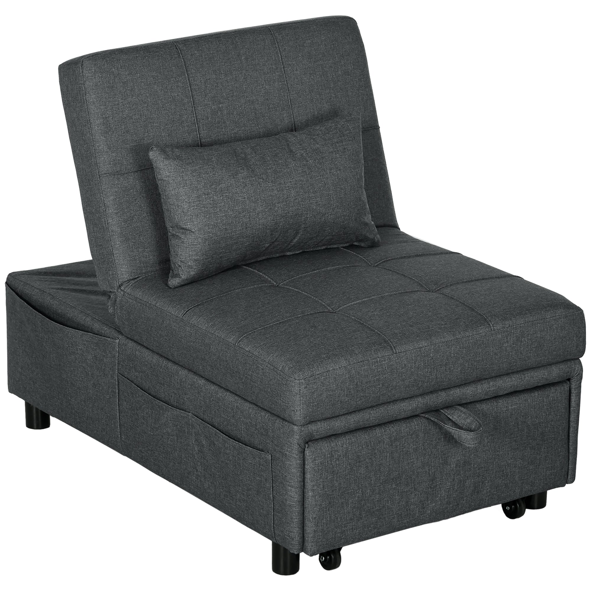 HOMCOM Convertible Chair Bed with Padding Seat, 4-in-1 Multi-Functional Sleeper Sofa Bed, Recliner with Adjustable Backrest, Side Pocket, Wheels and Pillow, for Living Room, Grey - North Peak Garden Furniture