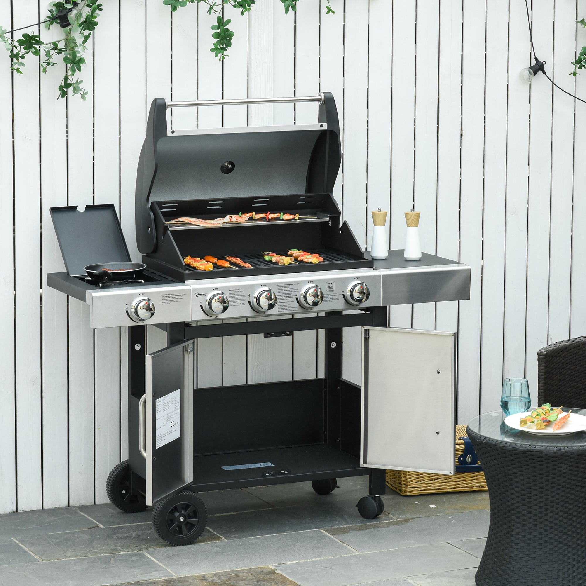 Outsunny Gas Barbecue Grill 4+1 Burner Garden Smoker BBQ Trolley w/ Side Burner Warming Rack Side Shelves Storage Cabinet Piezo Ignition Thermometer Stainless Steel + Metal - North Peak Garden Furniture