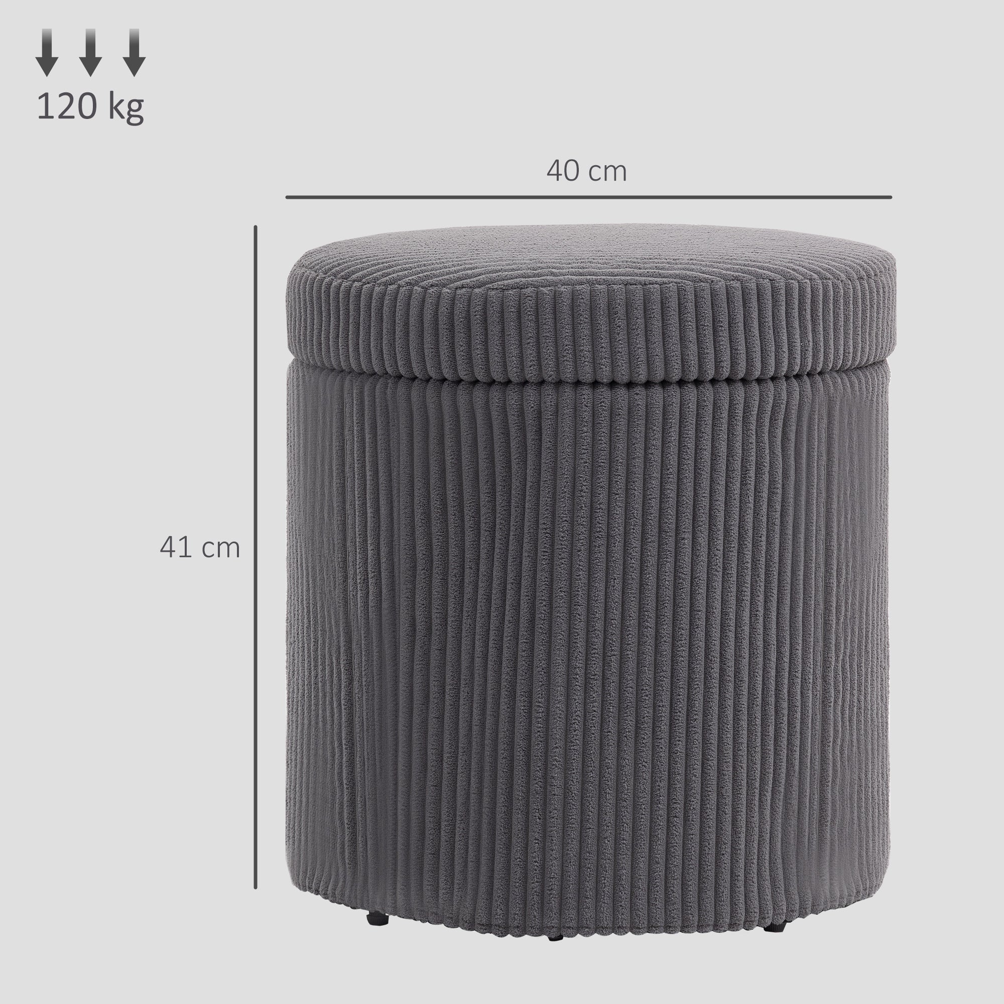 HOMCOM 40cm Round Storage Ottoman, Corduroy Footstool with Removable Lid and Legs, Vanity Stool for Living Room, Bedroom, Grey - North Peak Garden Furniture