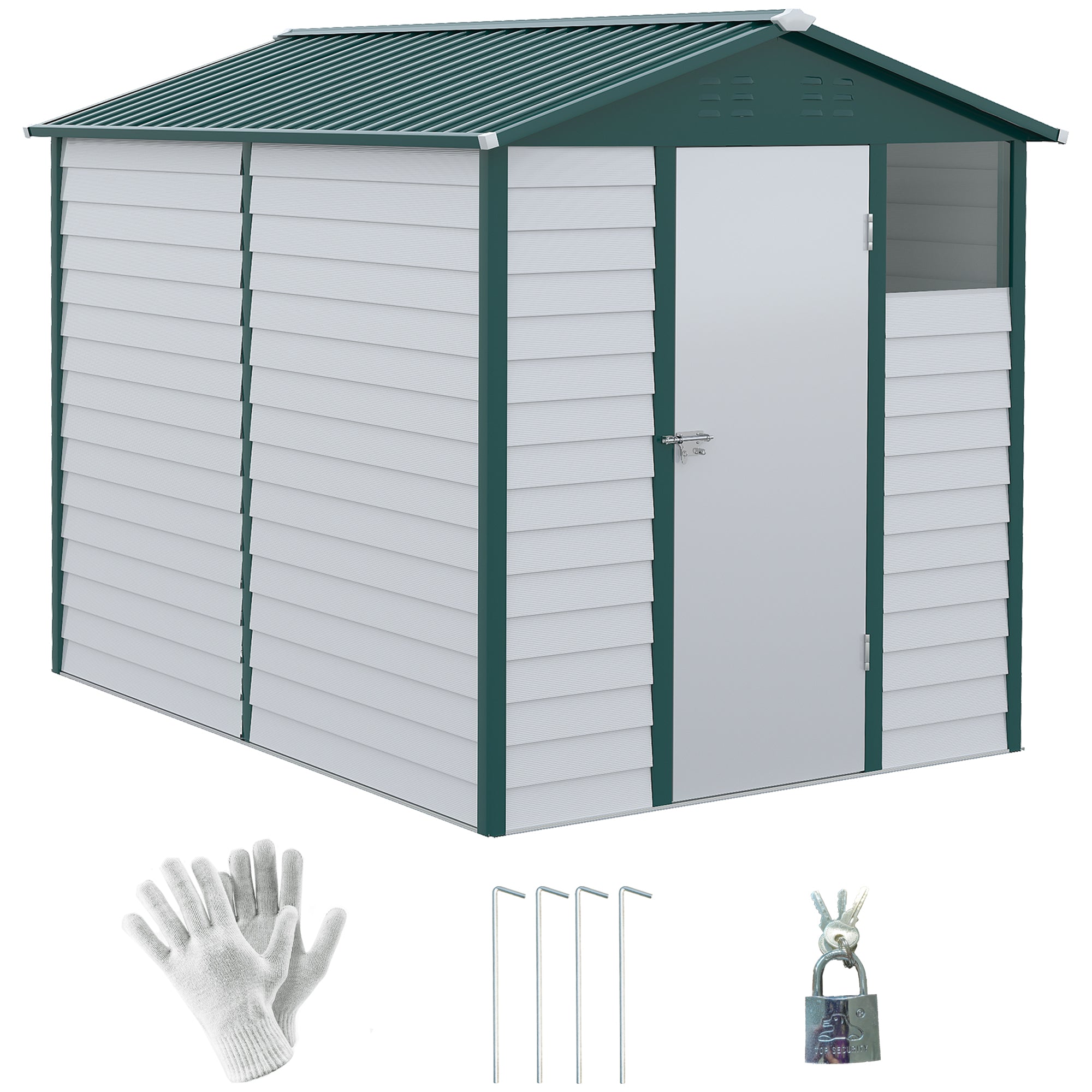 Outsunny 9x 6FT Metal Outdoor Garden Shed, Galvanised Tool Storage Shed w/ Sloped Roof, Lockable Door for Patio Lawn, Green - North Peak Garden Furniture