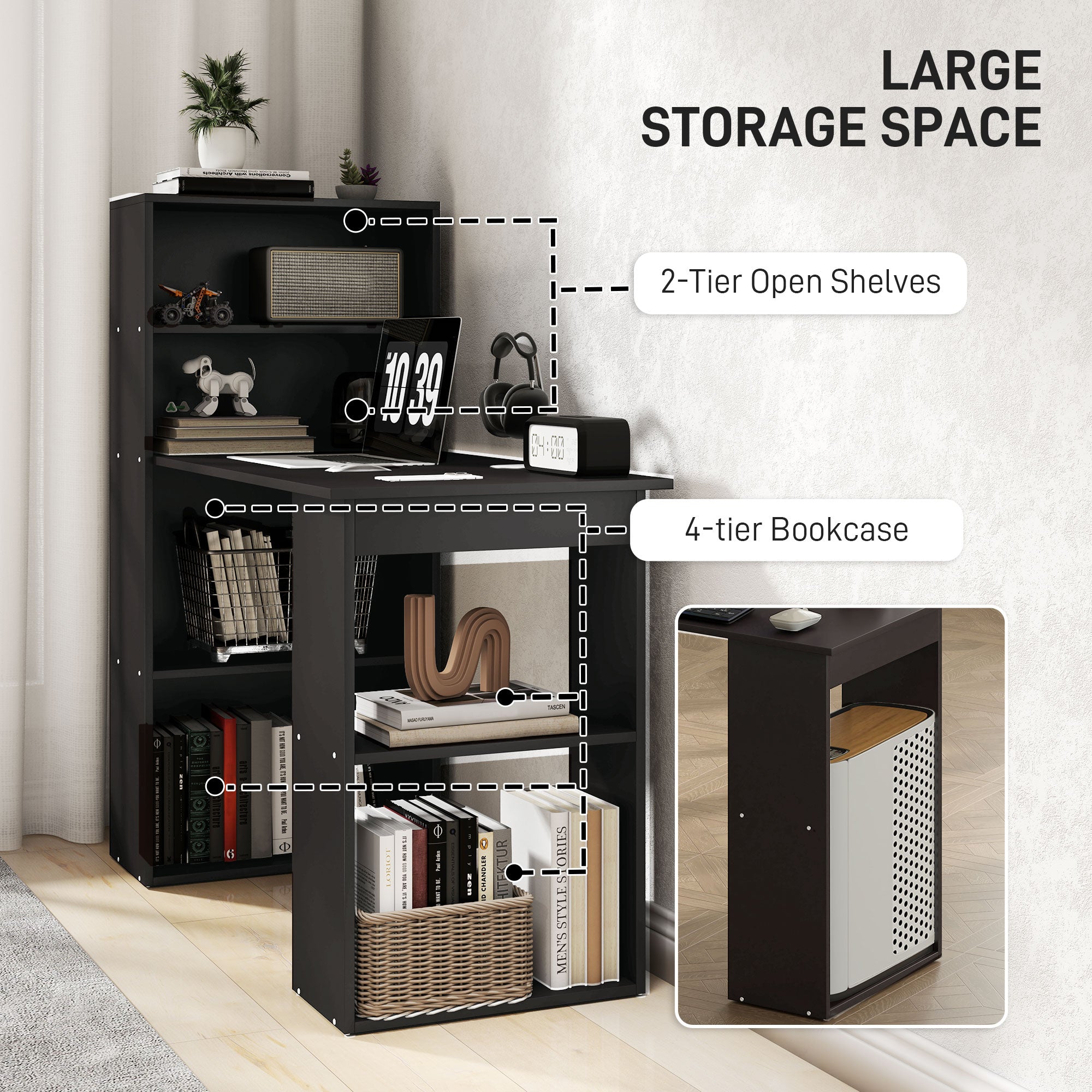 HOMCOM 120cm Modern Computer Desk Bookshelf Study Table Workstation PC Laptop Writing Home Office 6 Shelves Black - North Peak Garden Furniture