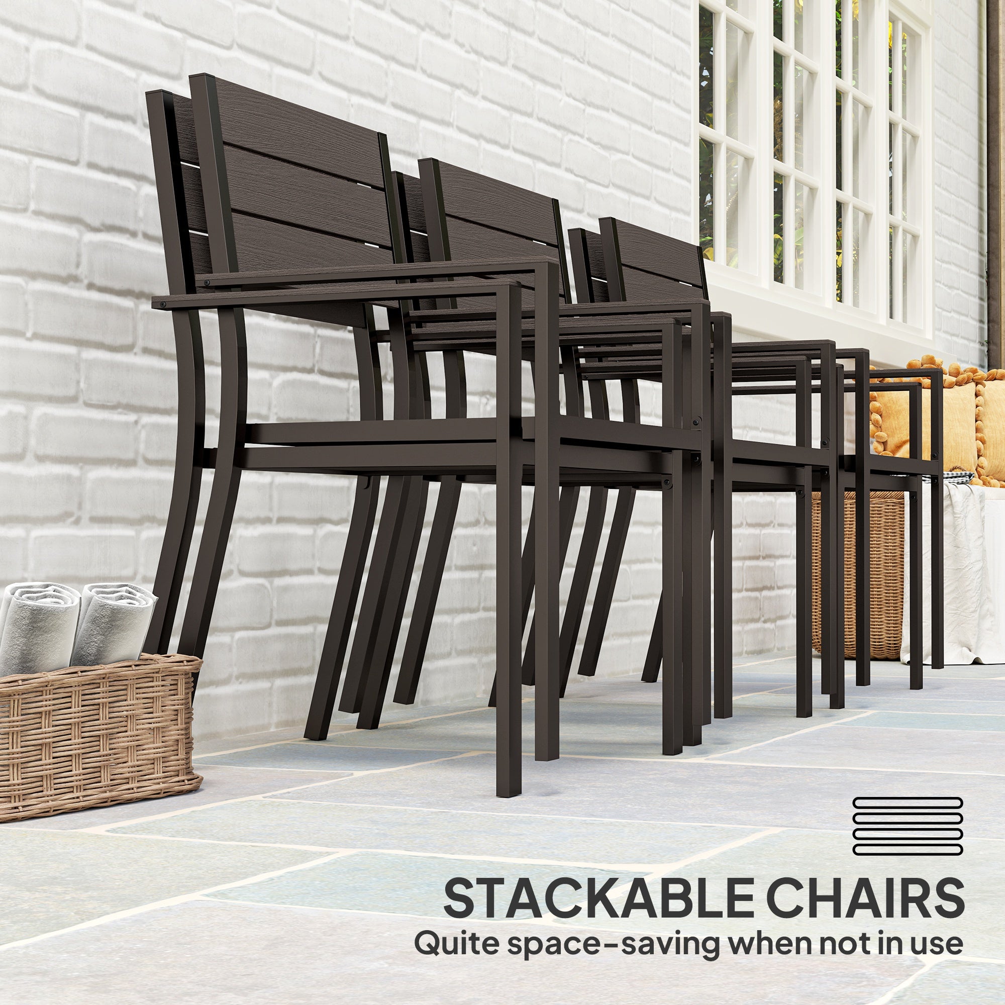 Outsunny 7 Piece Garden Furniture Set, 160 x 80 cm Rectangle Table and 6 Stackable Chairs Set, Outdoor Dining Set for Balcony, Deck, Dark Brown - North Peak Garden Furniture