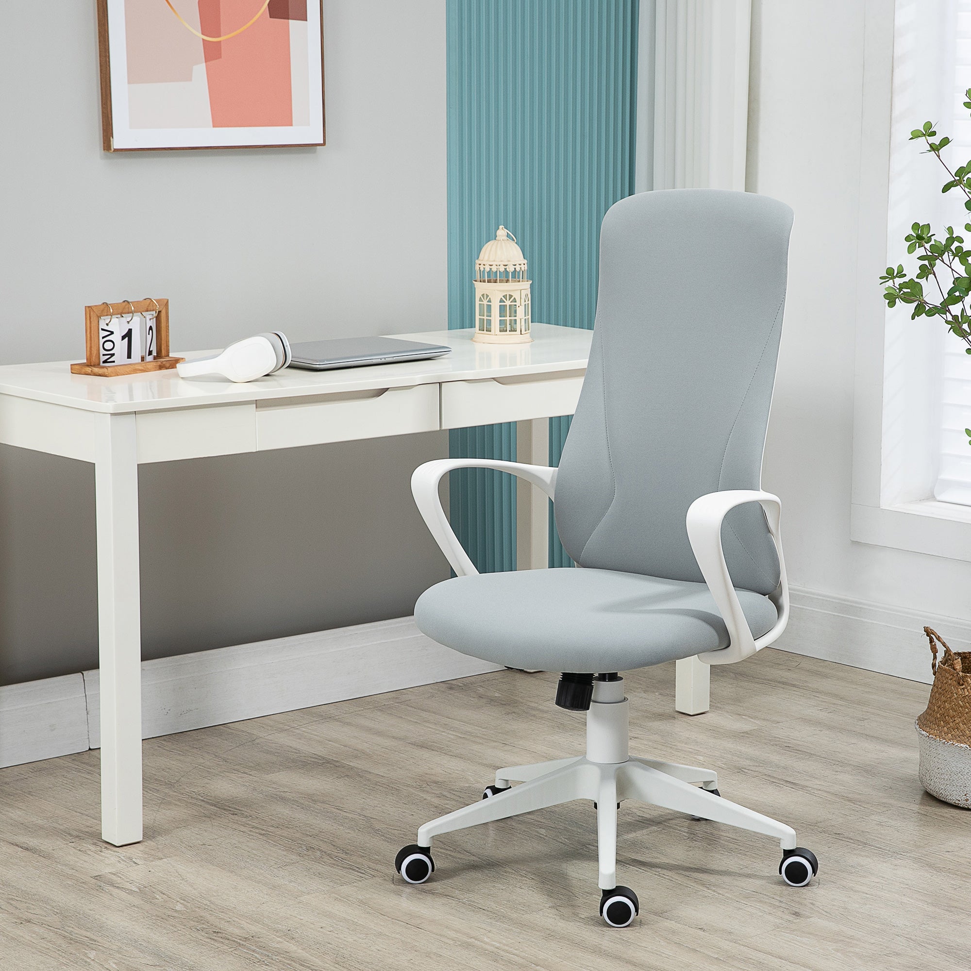 Vinsetto High Back Office Chair, Fabric Desk Chair with Armrests, Adjustable Height, Swivel Wheels, Light Grey - North Peak Garden Furniture