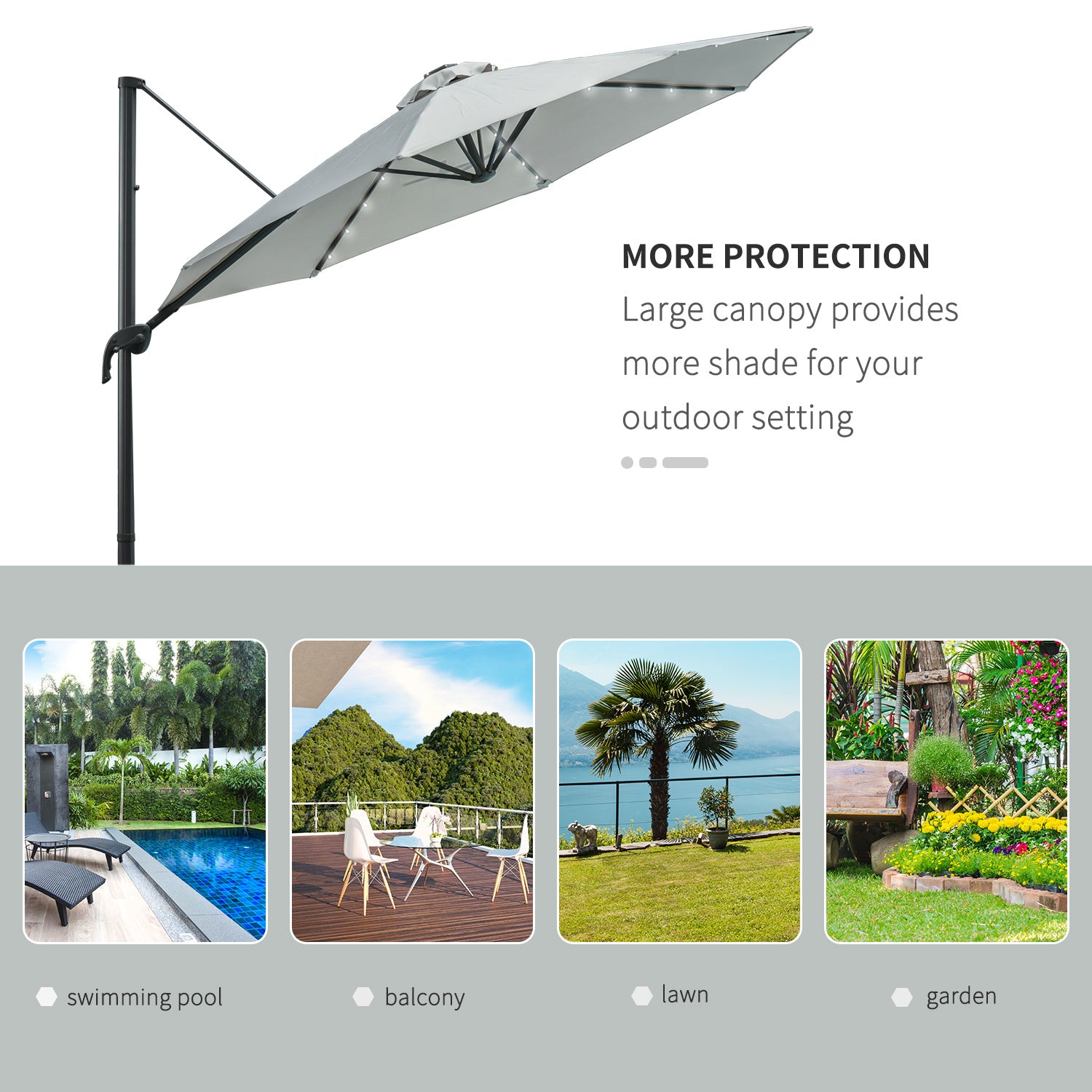 Outsunny 3(m) LED Cantilever Parasol Garden Sun Umbrella w/ Cross Base and Solar Lights Grey - North Peak Garden Furniture