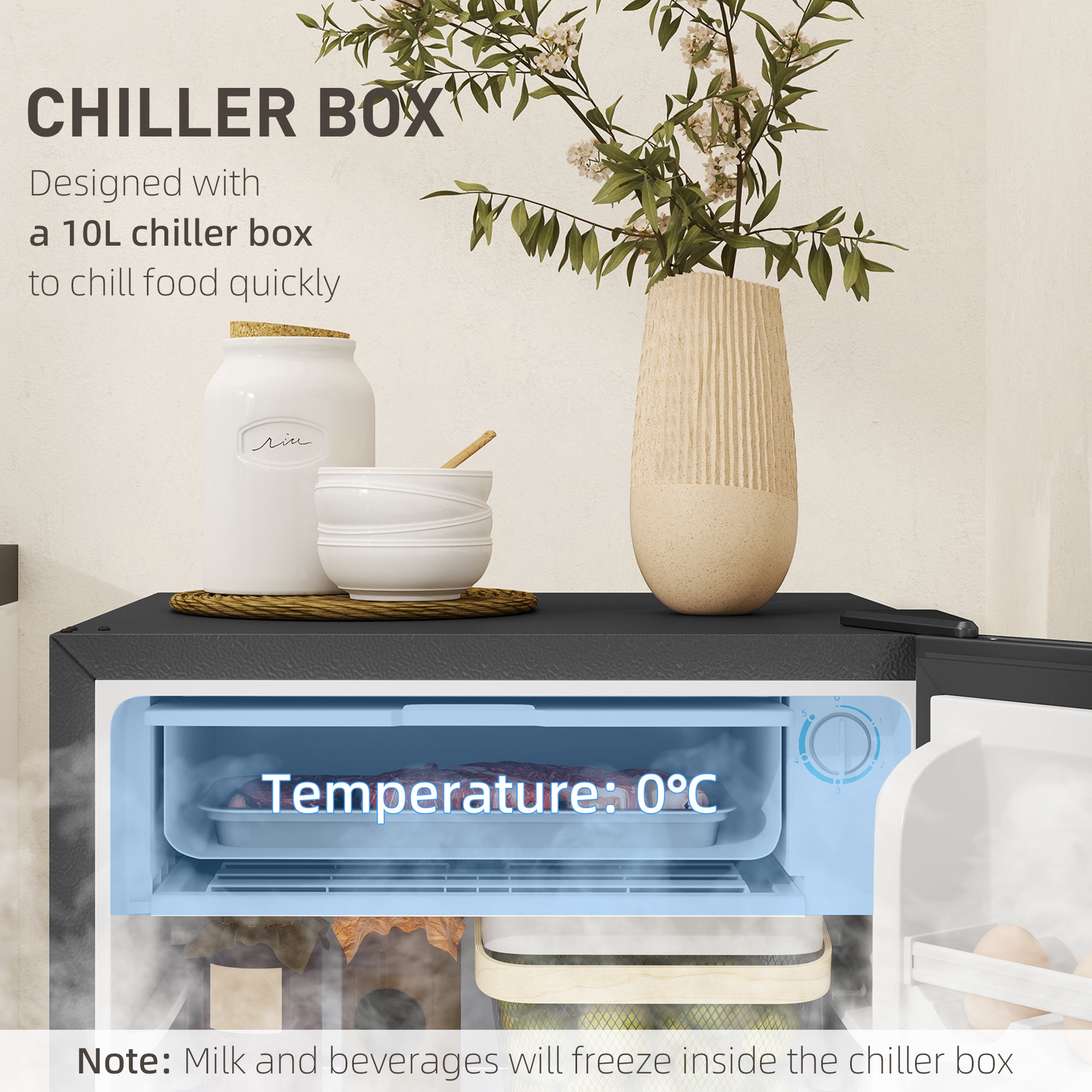 HOMCOM 91 Litre Freestanding Under Counter Fridge Freezer, Small Fridge with Chiller Box, Adjustable Thermostat, 47.5cm Wide, Silver Tone - North Peak Garden Furniture
