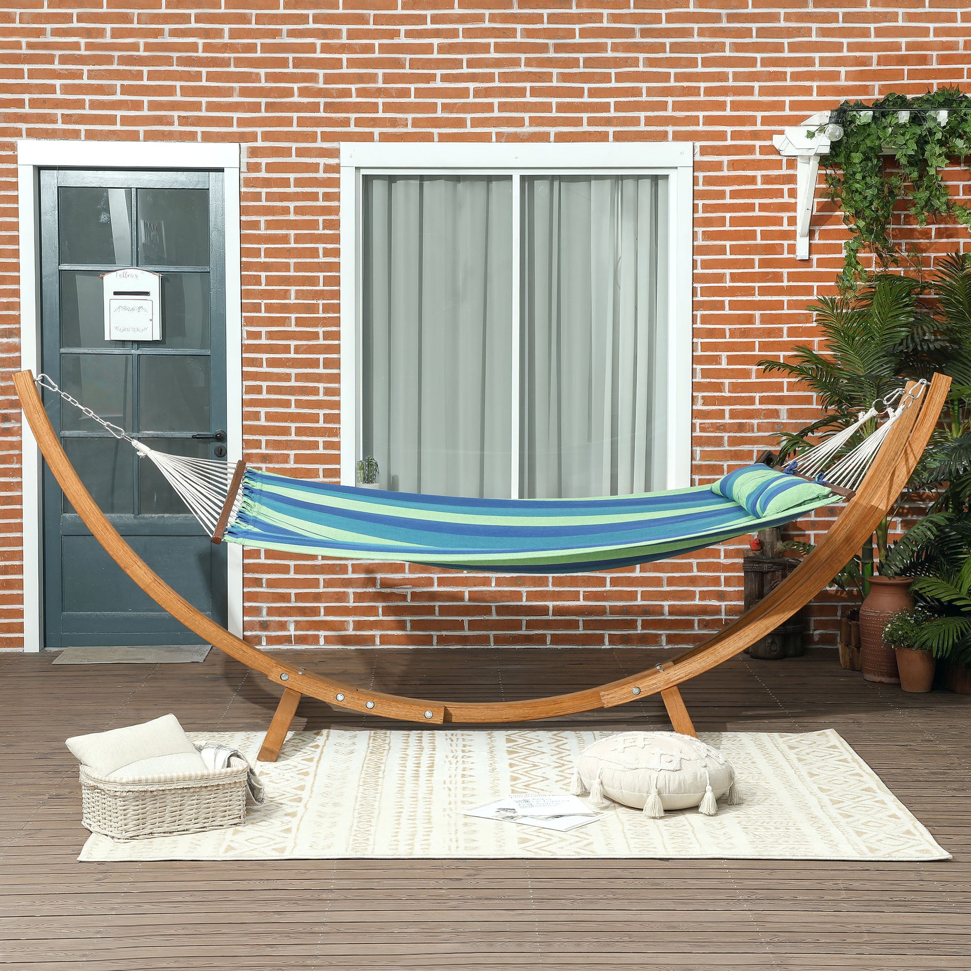 Outsunny Outdoor Hammock with Stand, Garden Hammock with Triple-Head Eucalyptus Wood Arc Frame, 1 Person Cotton Bed and Head Pillow, Freestanding Garden Swing Bed for Patio, Blue Stripe - North Peak Garden Furniture