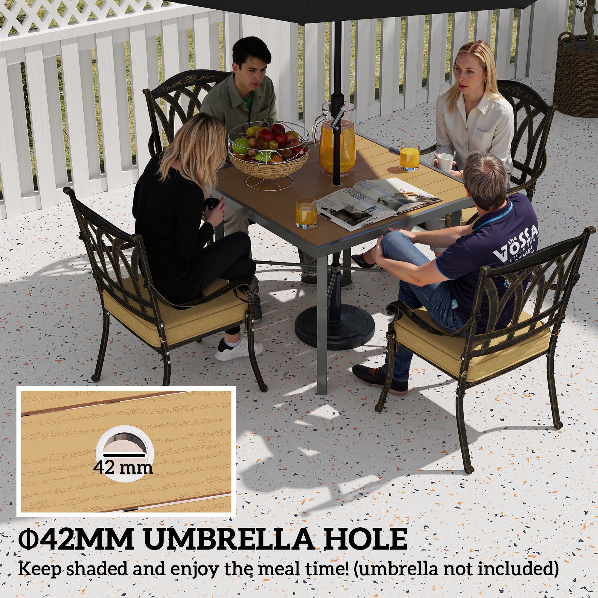 Outsunny Garden Table, 90cm Square Outdoor Patio Dining Table with 4.2 cm Umbrella Hole, Metal Frame, Wood Effect Top, for Terrace, Balcony, Natural Wood Finish - North Peak Garden Furniture